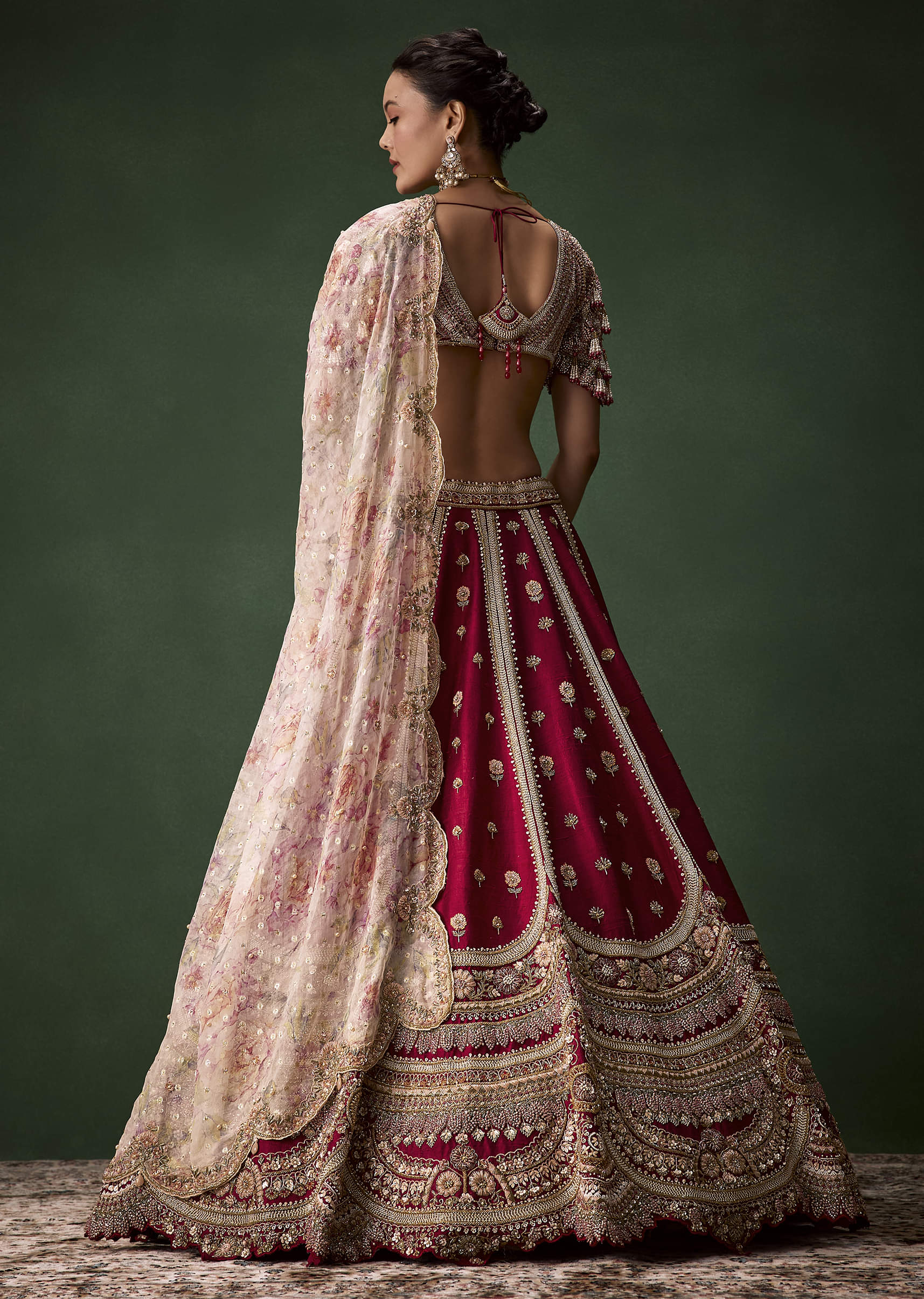 Red Bridal Raw Silk Patchwork Lehenga Set with Two Dupattas - Image 2