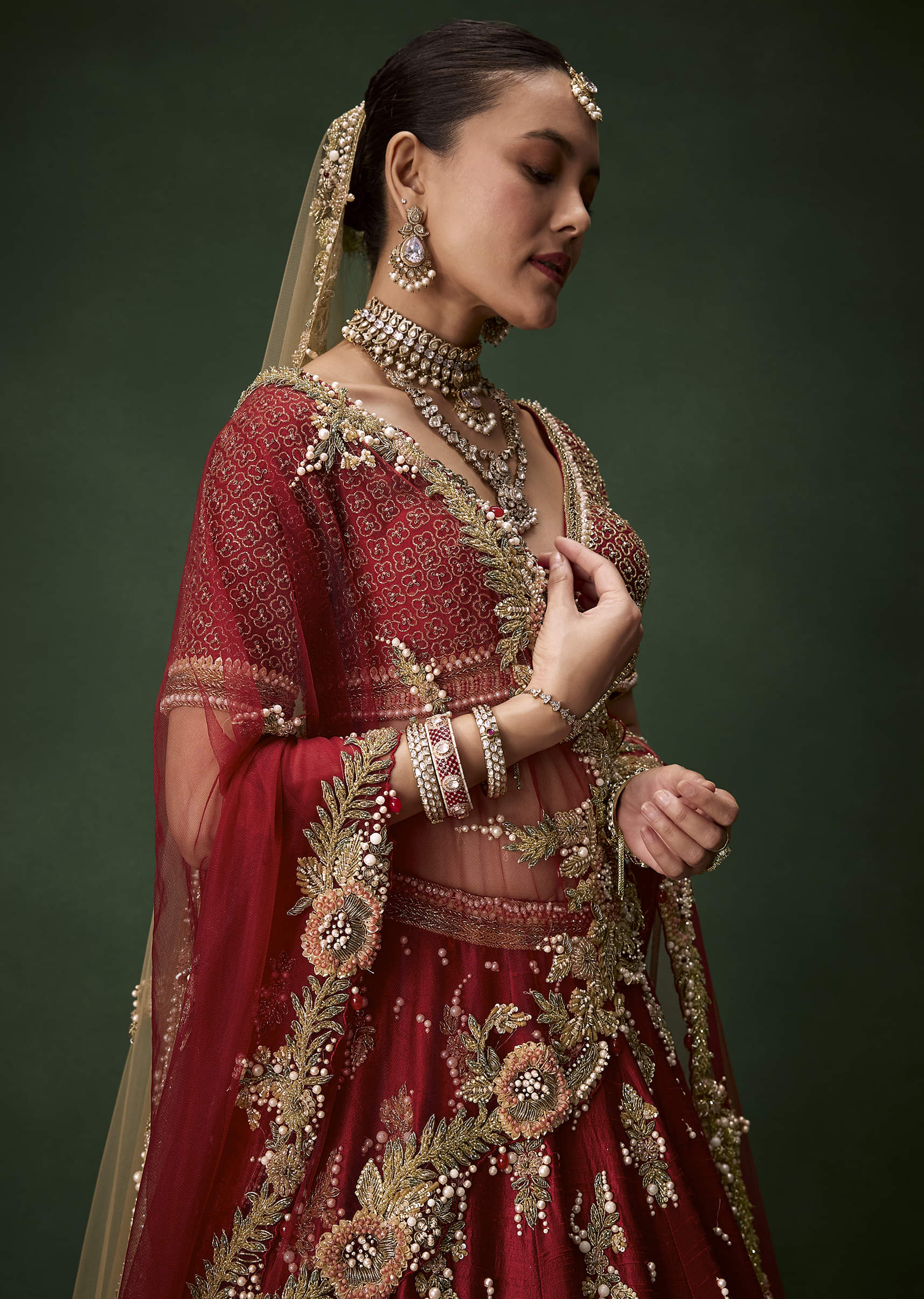 Red Bridal Sequin Silk Lehenga Set with  Two Dupattas - Image 3