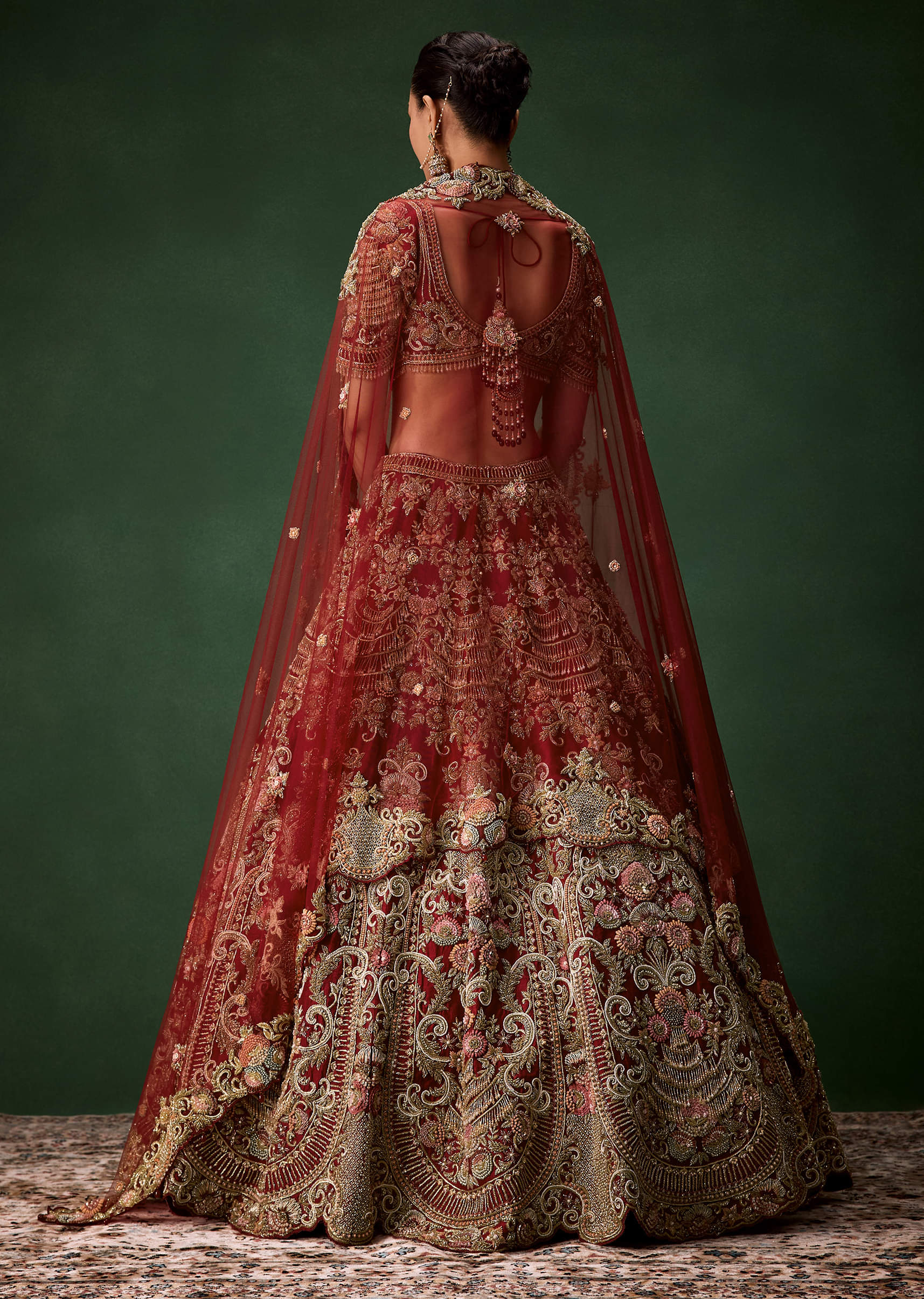 Red Bridal Sequins Silk Lehenga Set with  Two Dupattas - Image 2