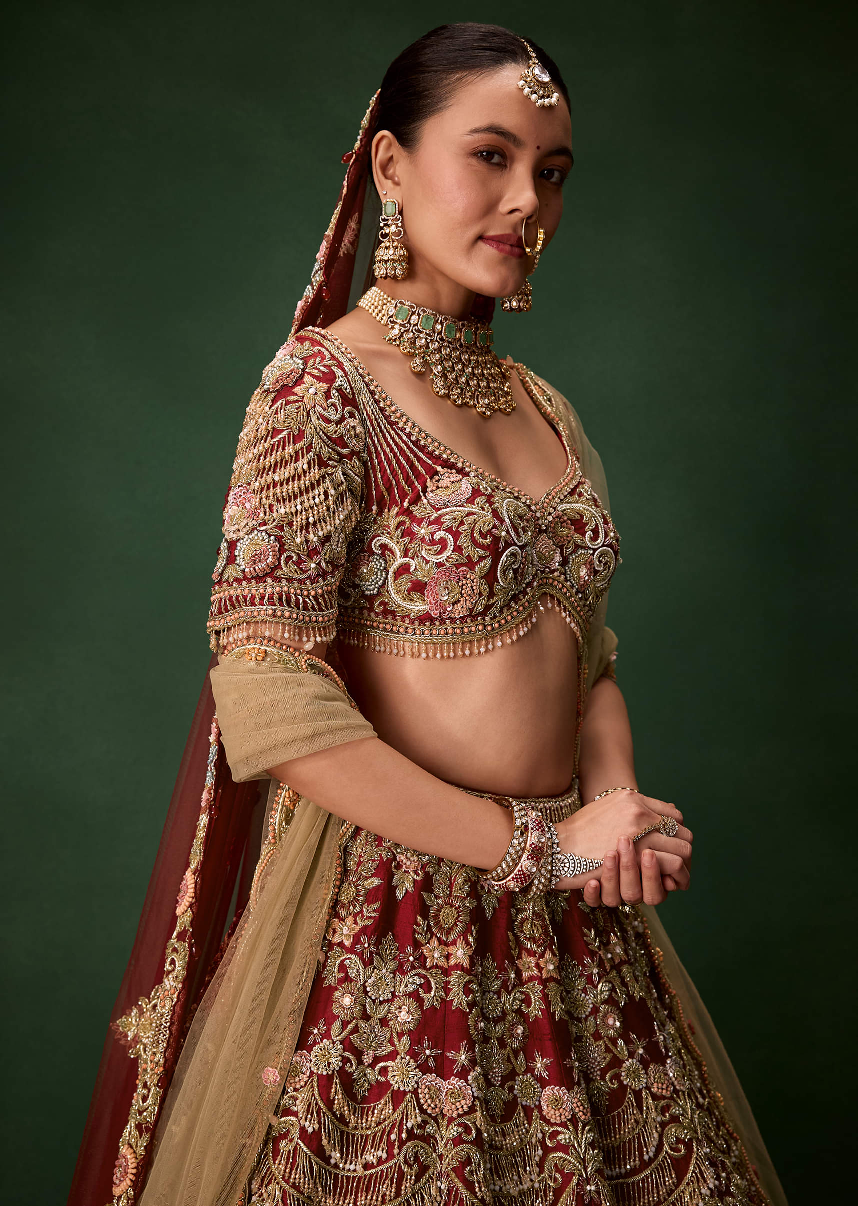 Red Bridal Sequins Silk Lehenga Set with  Two Dupattas - Image 3