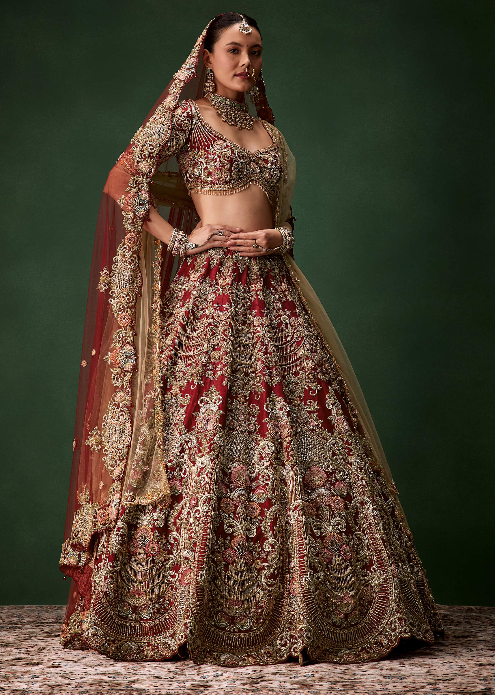 Red Bridal Sequins Silk Lehenga Set with  Two Dupattas - Image 4
