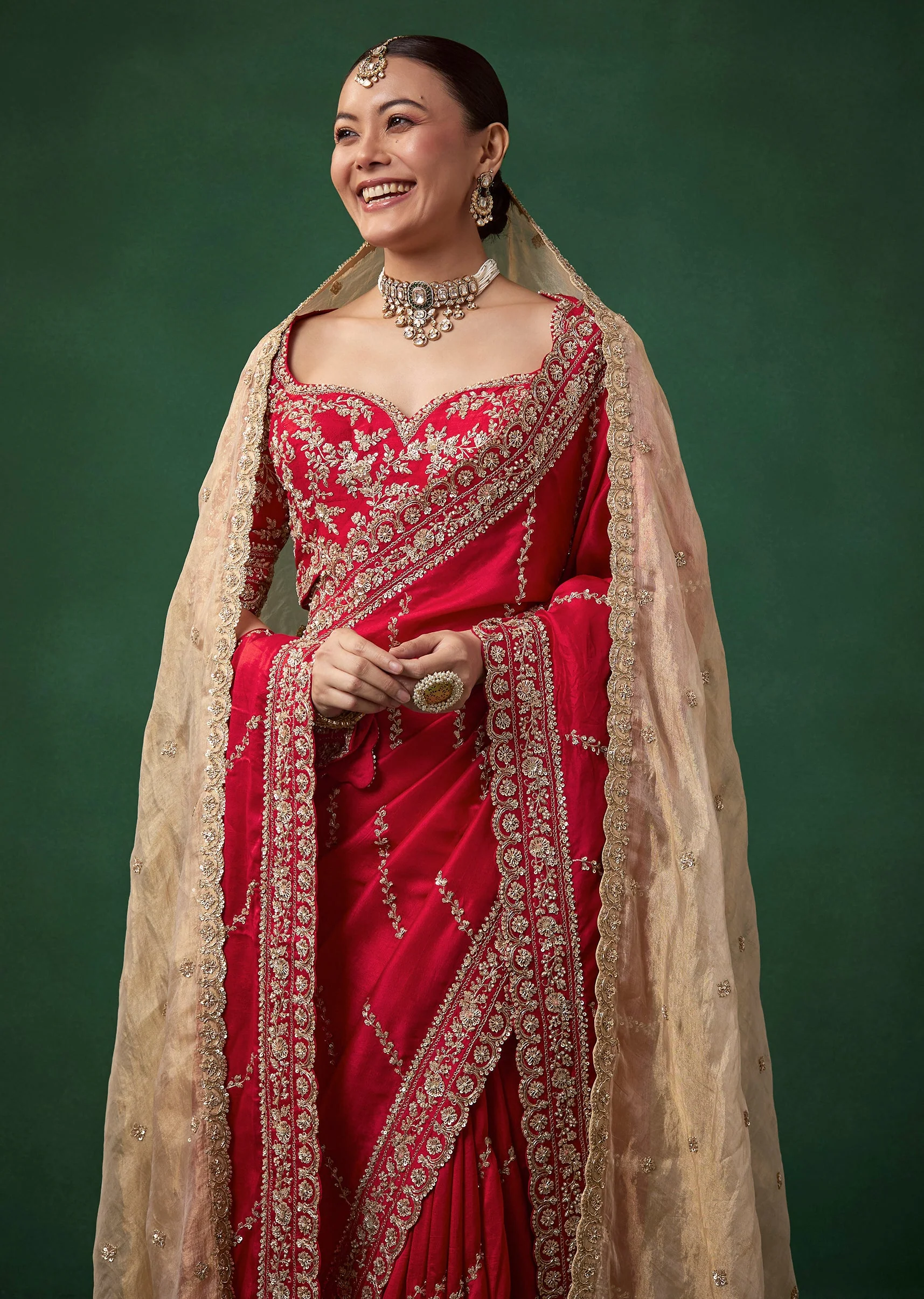 Red Bridal Silk Embroidered Saree with Unstitched Blouse - Image 5