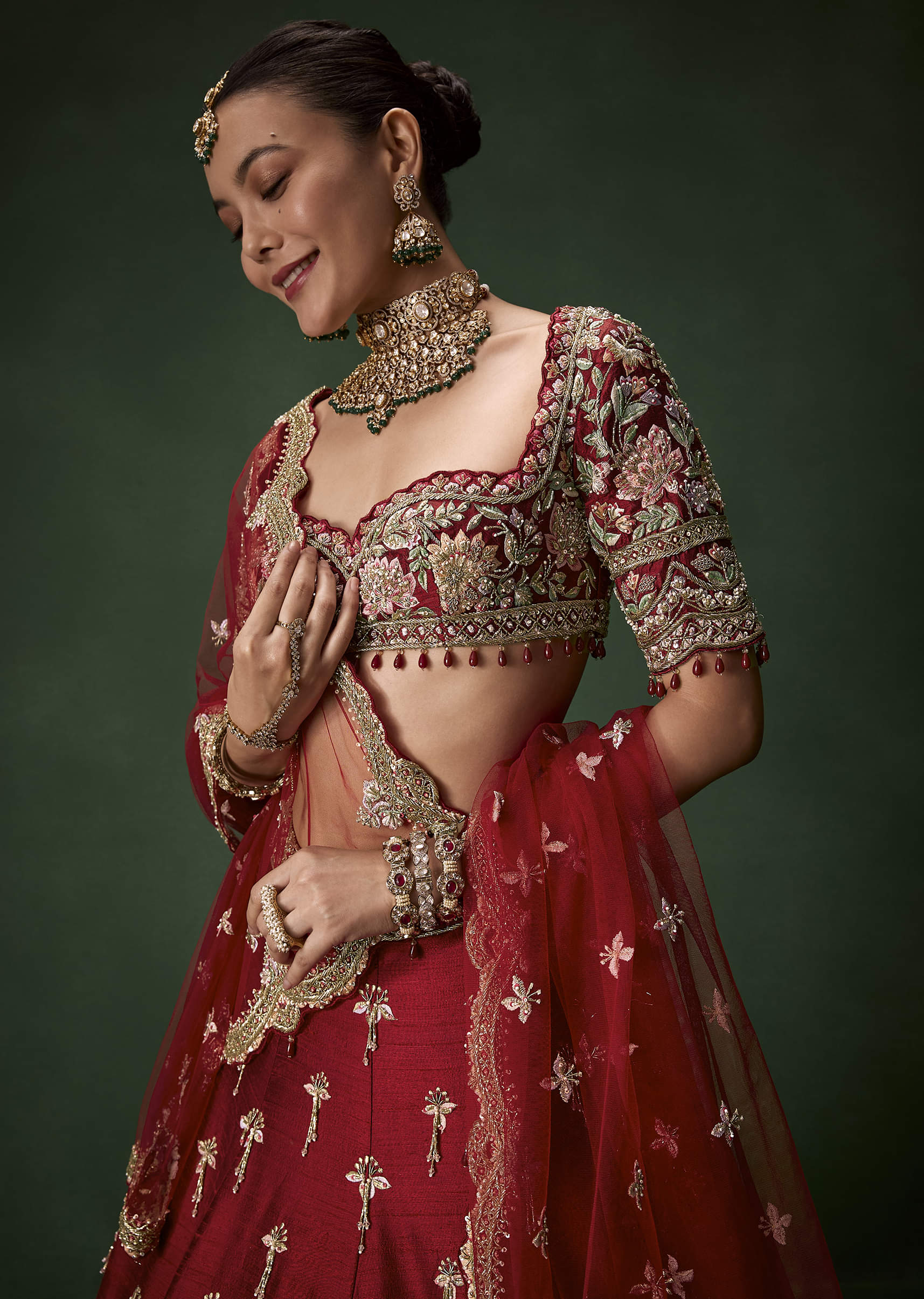 Red Bridal Silk Lehenga Set - Image 3