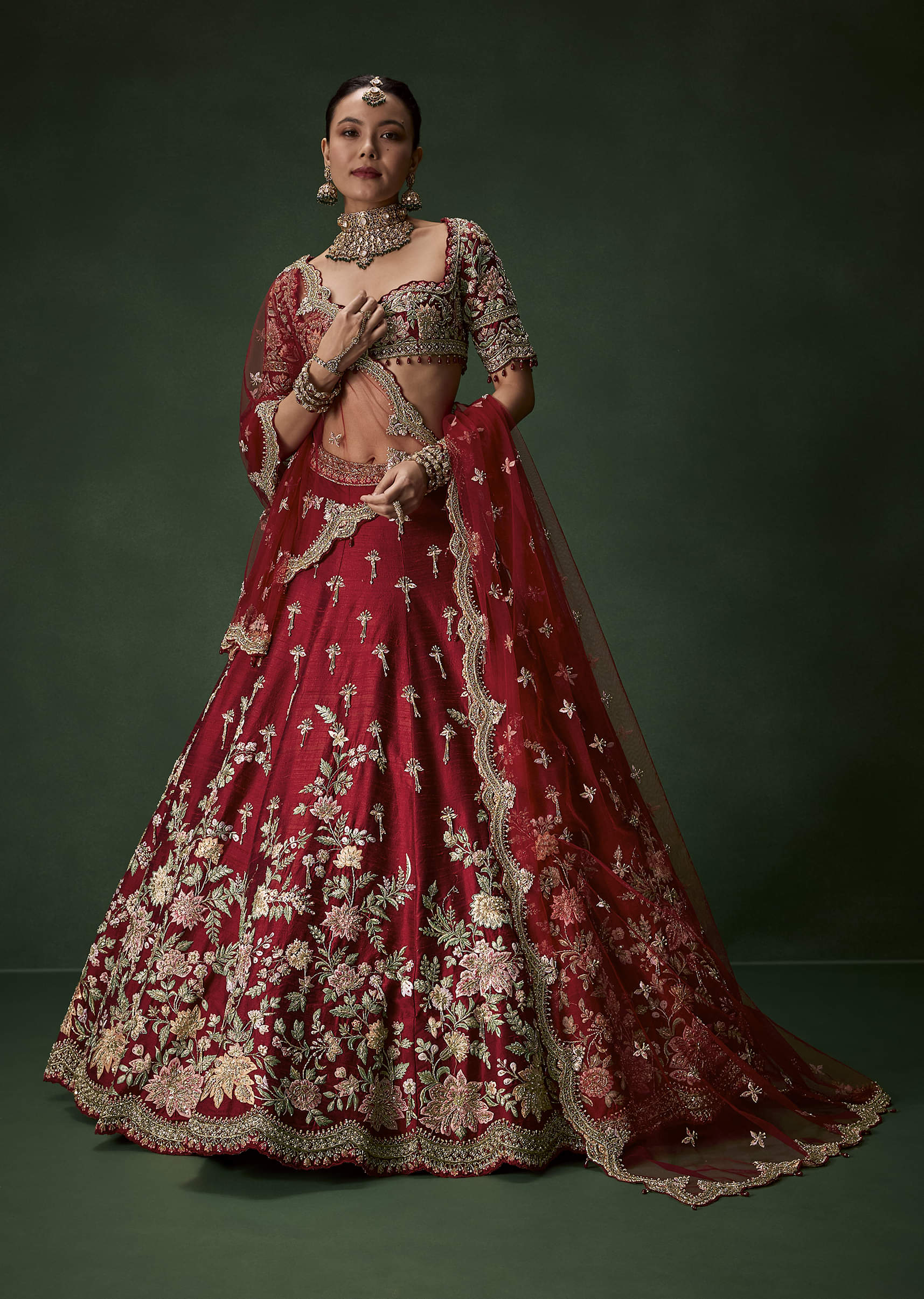 Red Bridal Silk Lehenga Set - Image 4
