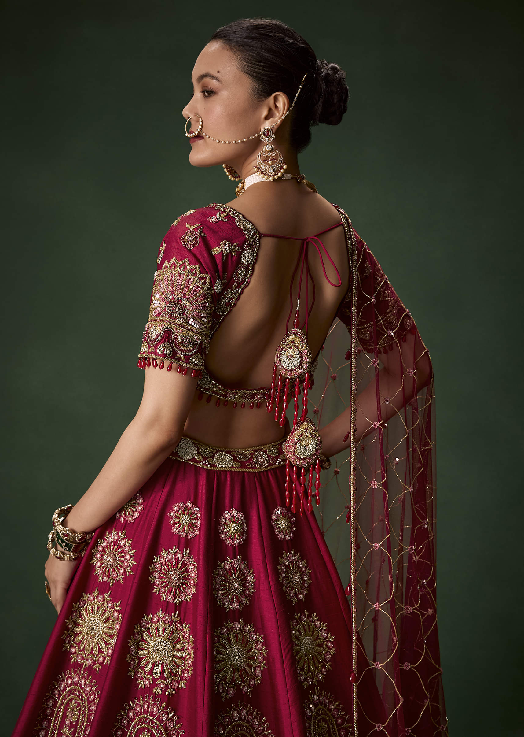 Red Bridal Silk Lehenga Set with Dupattas - Image 6