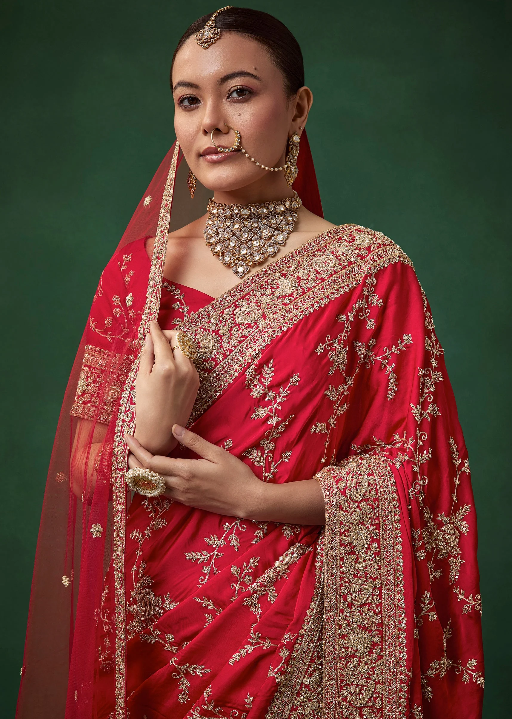 Red Bridal Soft Silk Embroidered Saree with Unstitched Blouse - Image 2