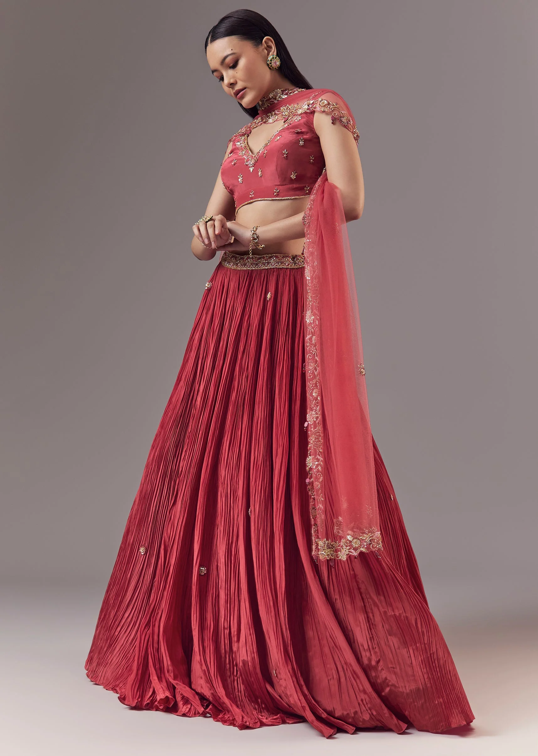 Red Bridesmaid Lehenga Set with Sequin Work
