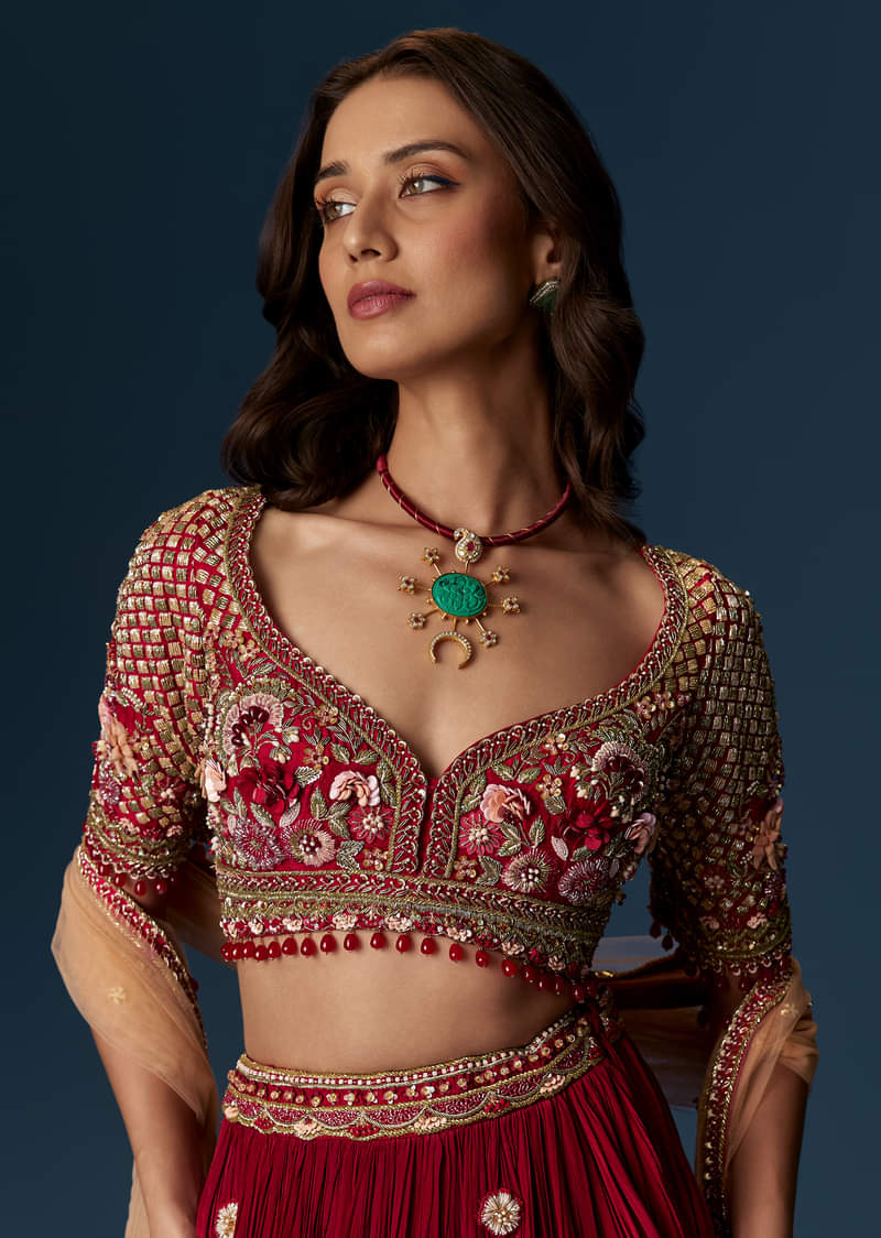 Red Bridesmaid Lehenga With Half Sleeve Embroidered Blouse And Dupatta - Image 4