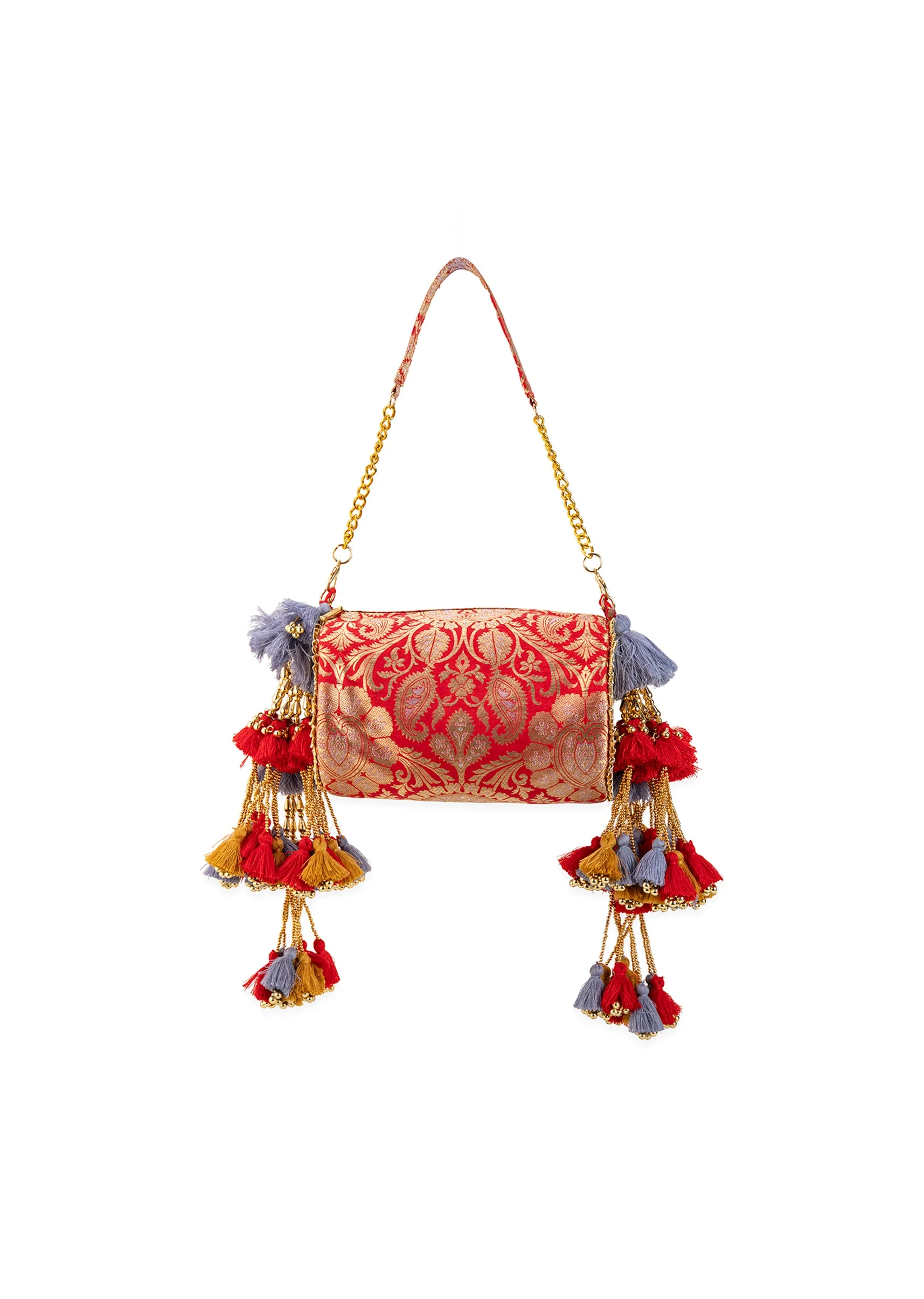 Red Brocade Floral Motif Bag with Tassel - Image 2