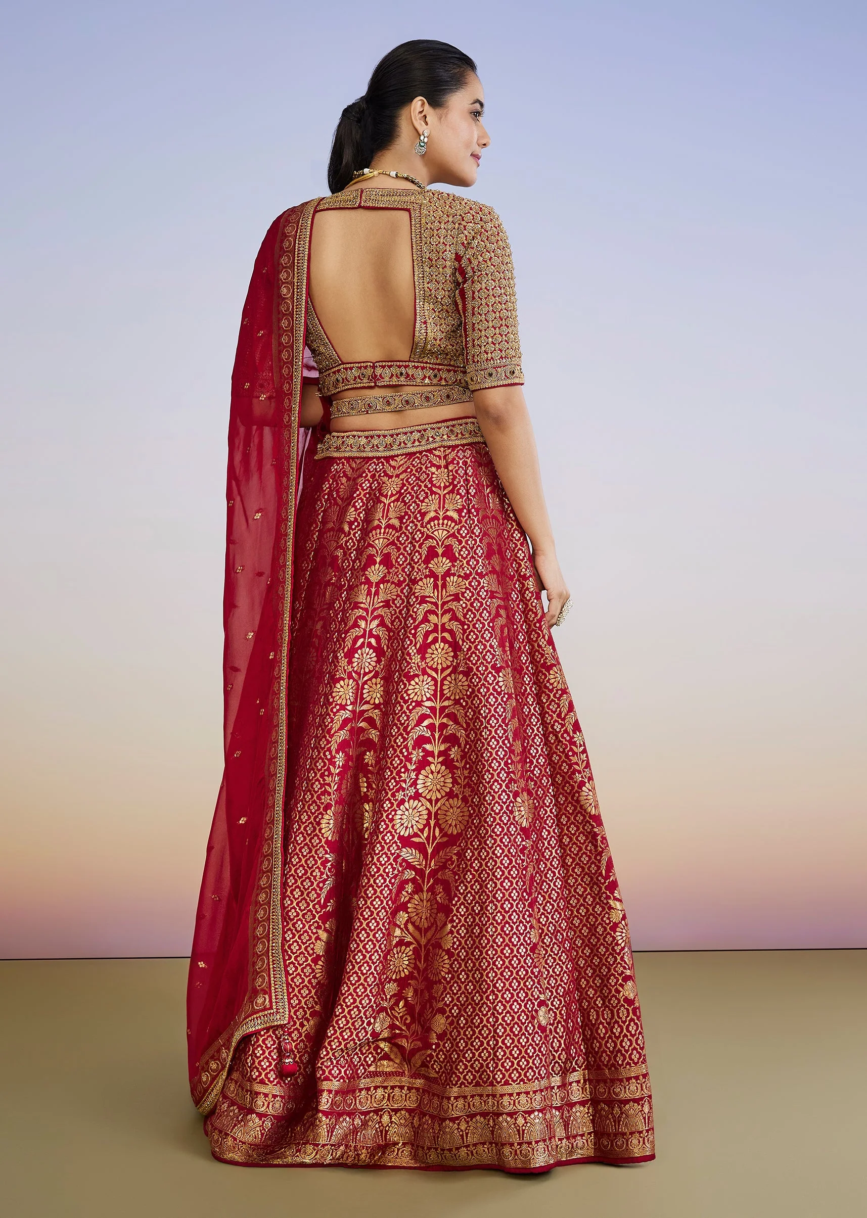 Red Brocade Traditional Lehenga With Belt And Zari Sequin Choli - Image 2