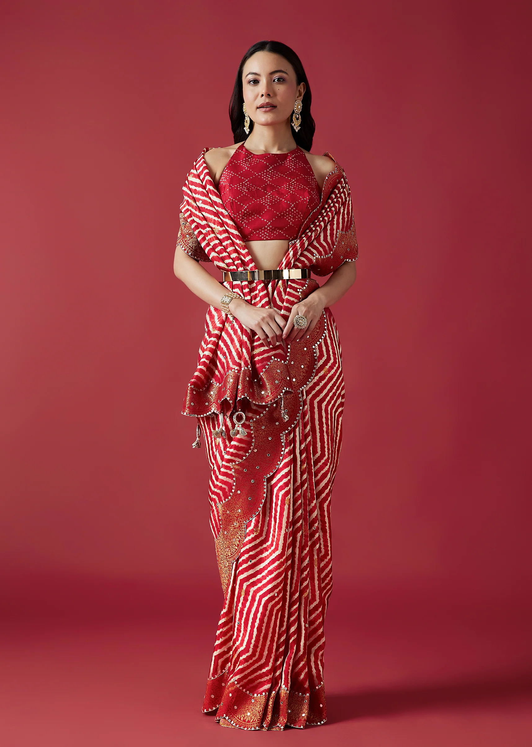 Red Celebration Duo – Printed Saree For Her And Kurta Set For Him - Image 3