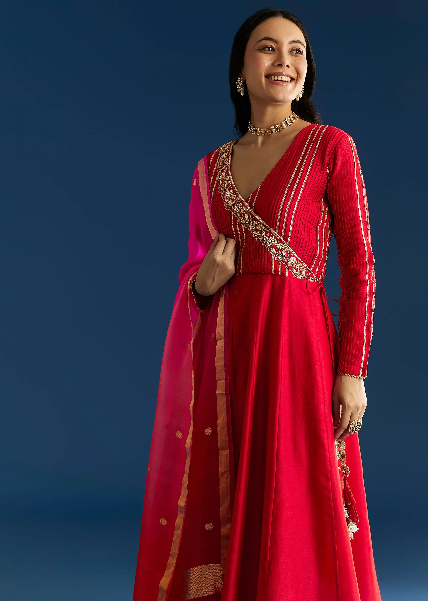 Red Chanderi Angrakha Style Kurta With Zardosi Butti Dupatta - Image 4