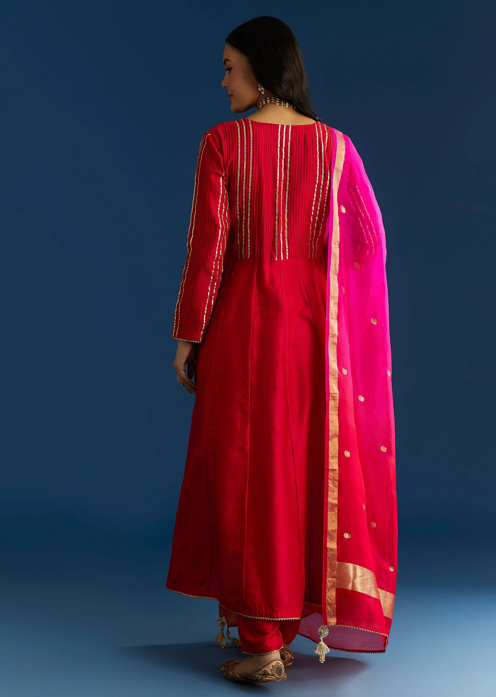 Red Chanderi Angrakha Style Kurta With Zardosi Butti Dupatta - Image 5