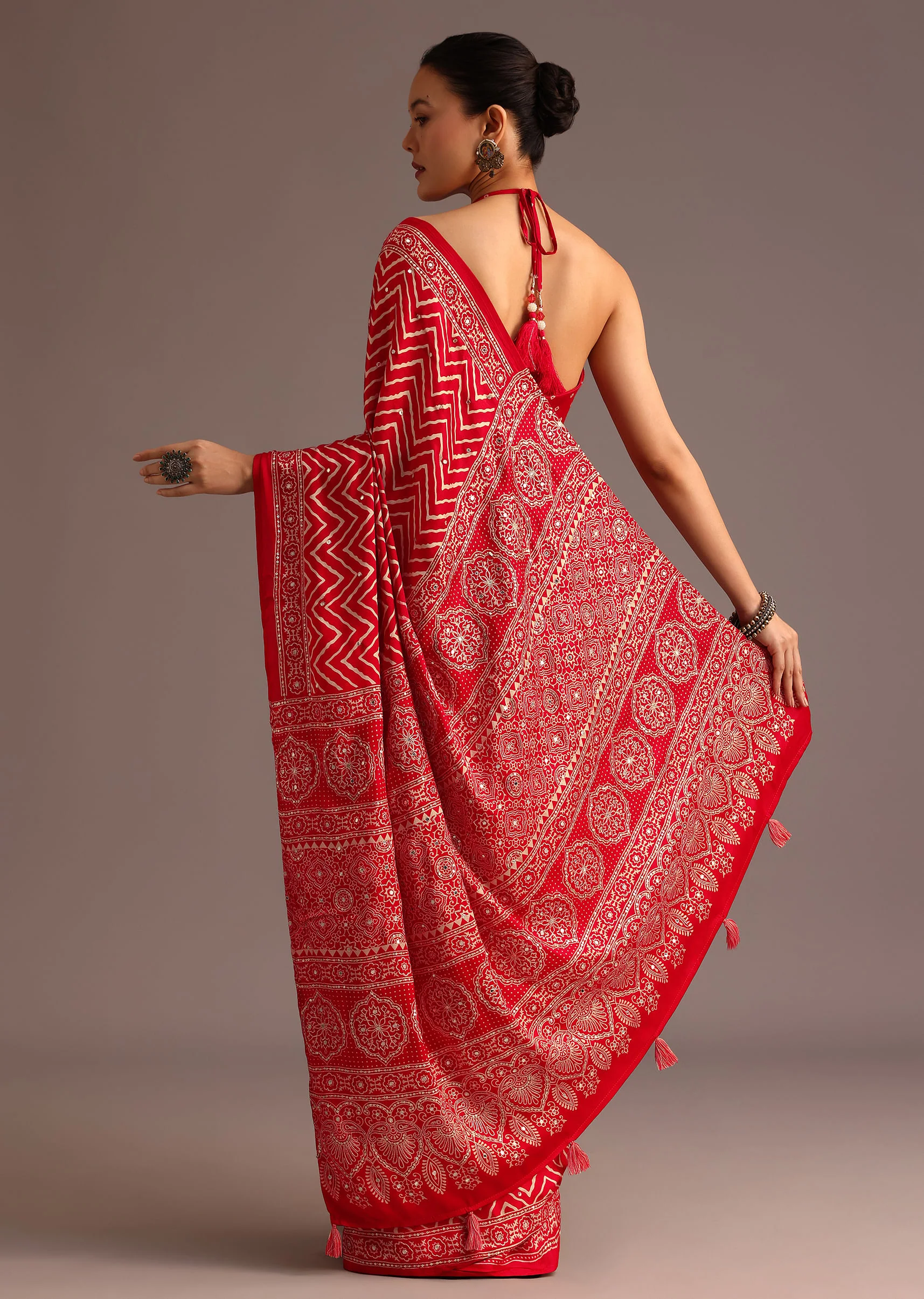 Red Chevron Printed Satin Saree - Image 6