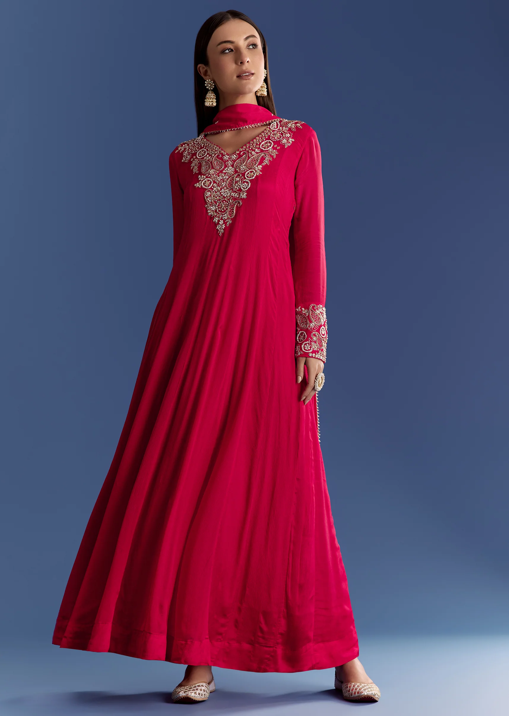 Red Chinon Anarkali With Moti And Gotta Lace Dupatta - Image 2