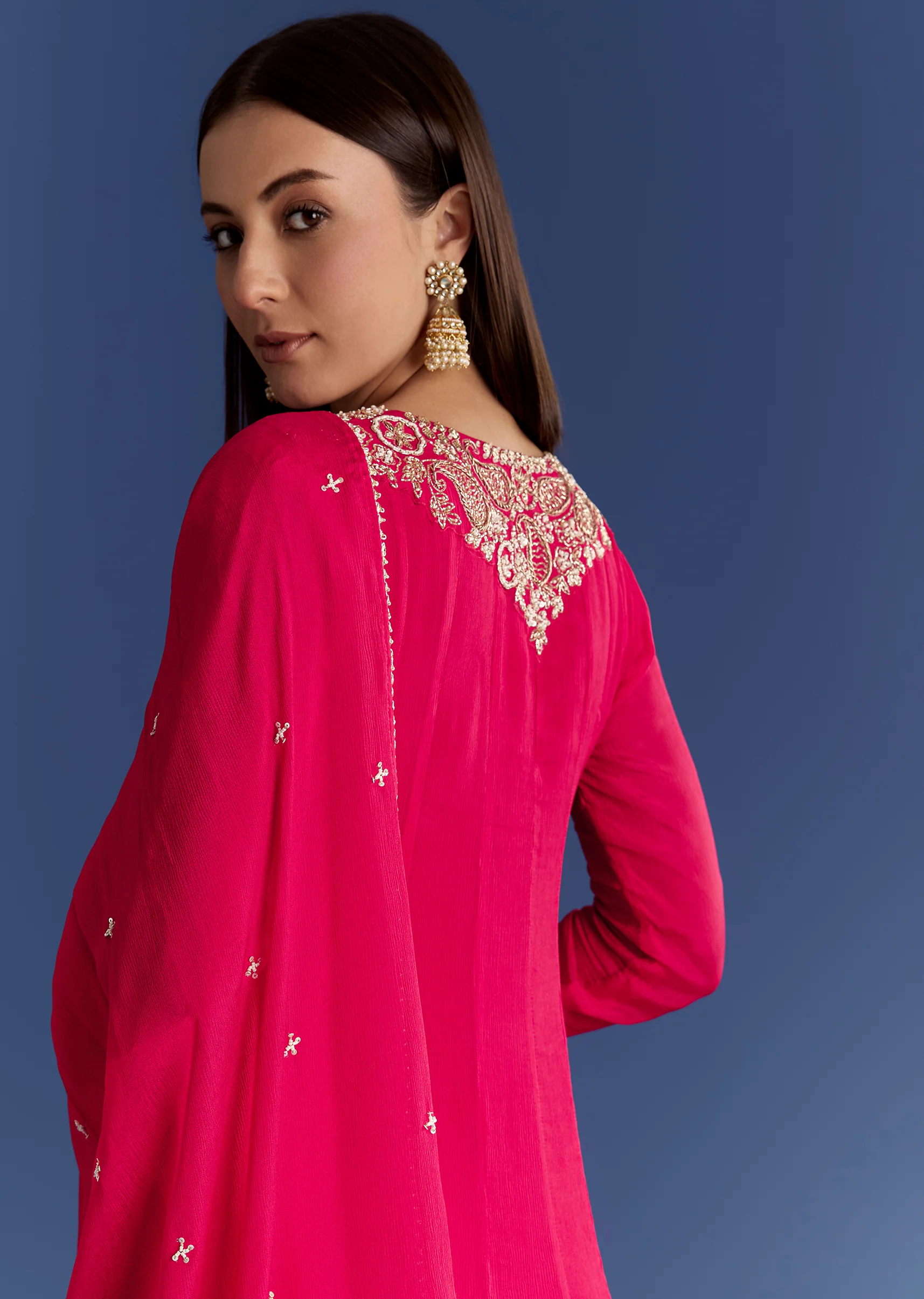 Red Chinon Anarkali With Moti And Gotta Lace Dupatta - Image 4