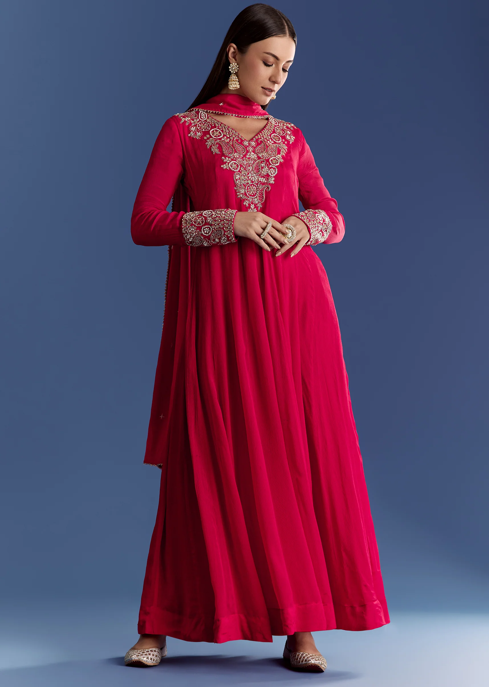 Red Chinon Anarkali With Moti And Gotta Lace Dupatta - Image 5