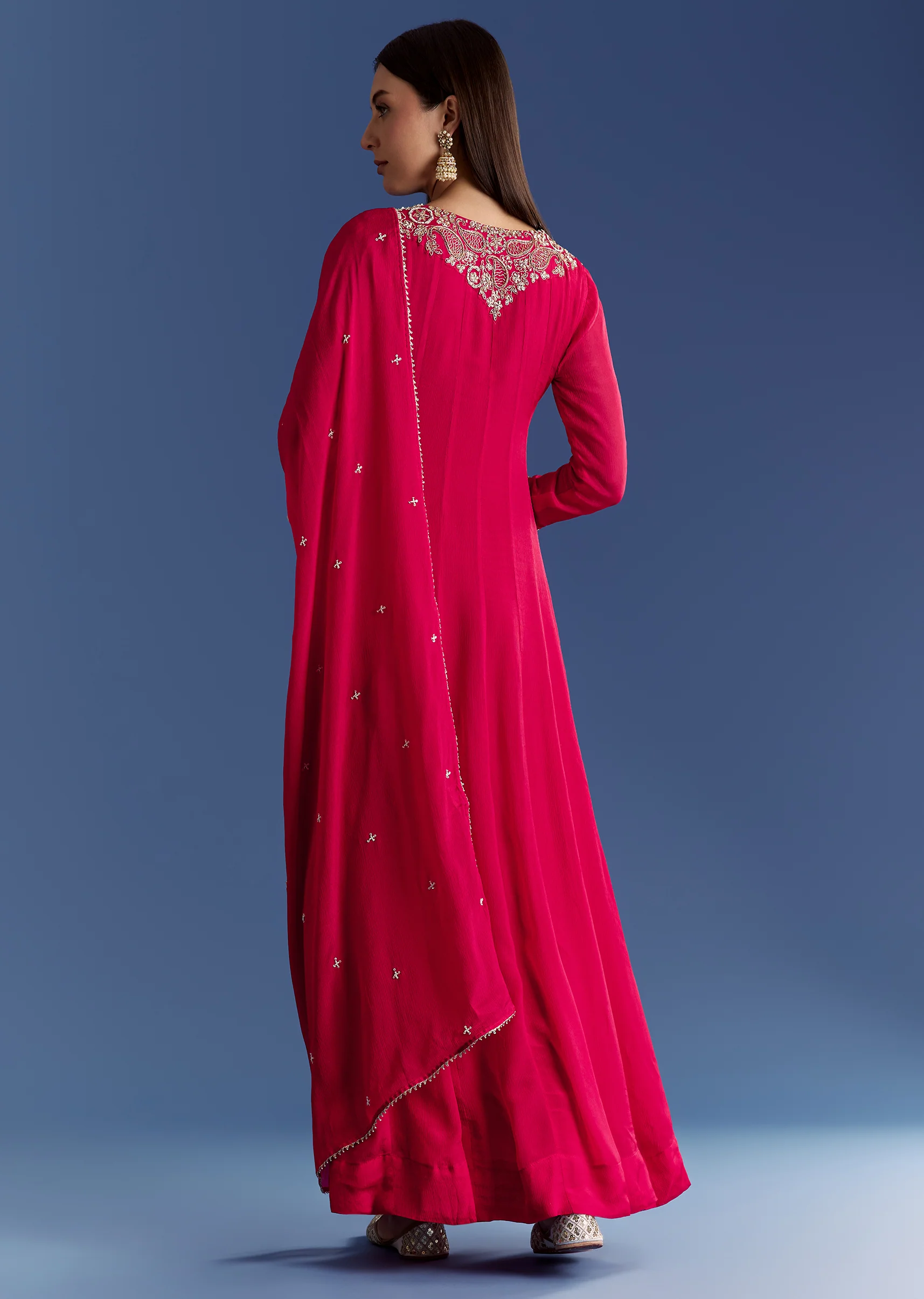 Red Chinon Anarkali With Moti And Gotta Lace Dupatta - Image 6