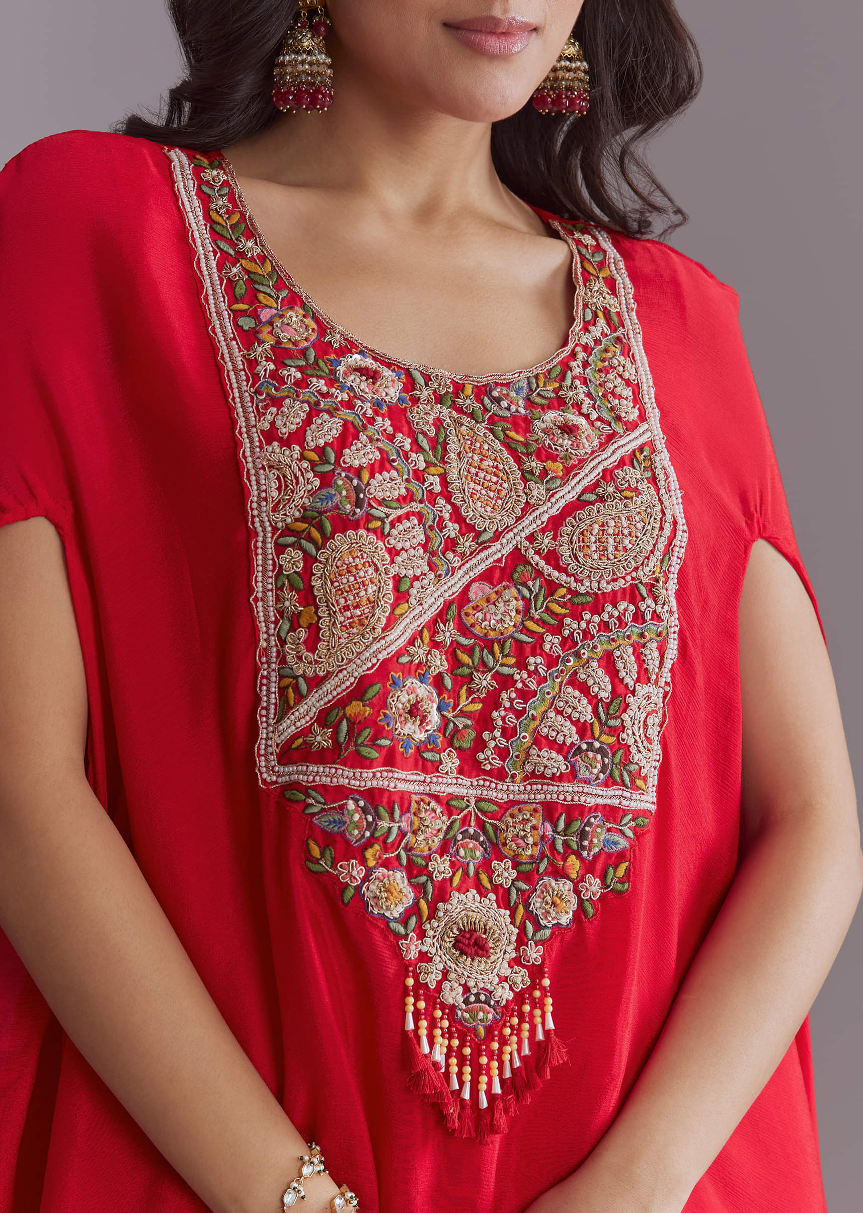 Red Chinon Kaftan Top And Palazzo Set With Embroidery - Image 2
