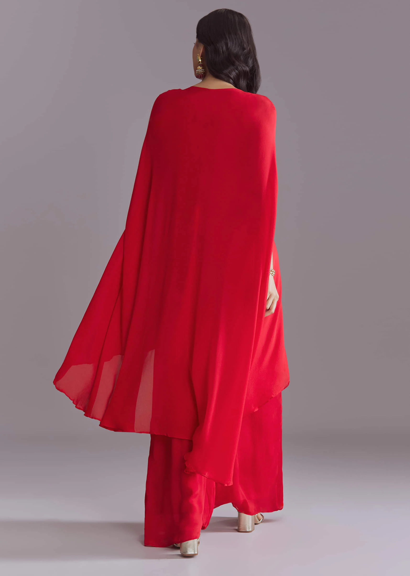 Red Chinon Kaftan Top And Palazzo Set With Embroidery - Image 4