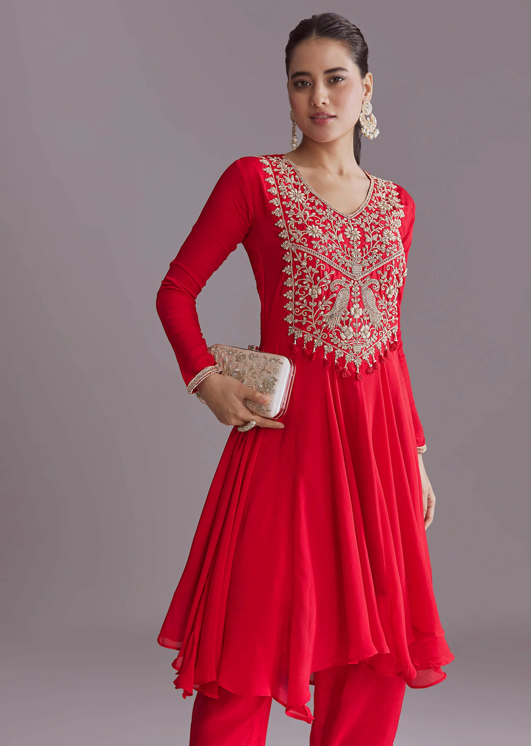 Red Chinon Peplum Kurta Set With Zardosi Work - Image 4