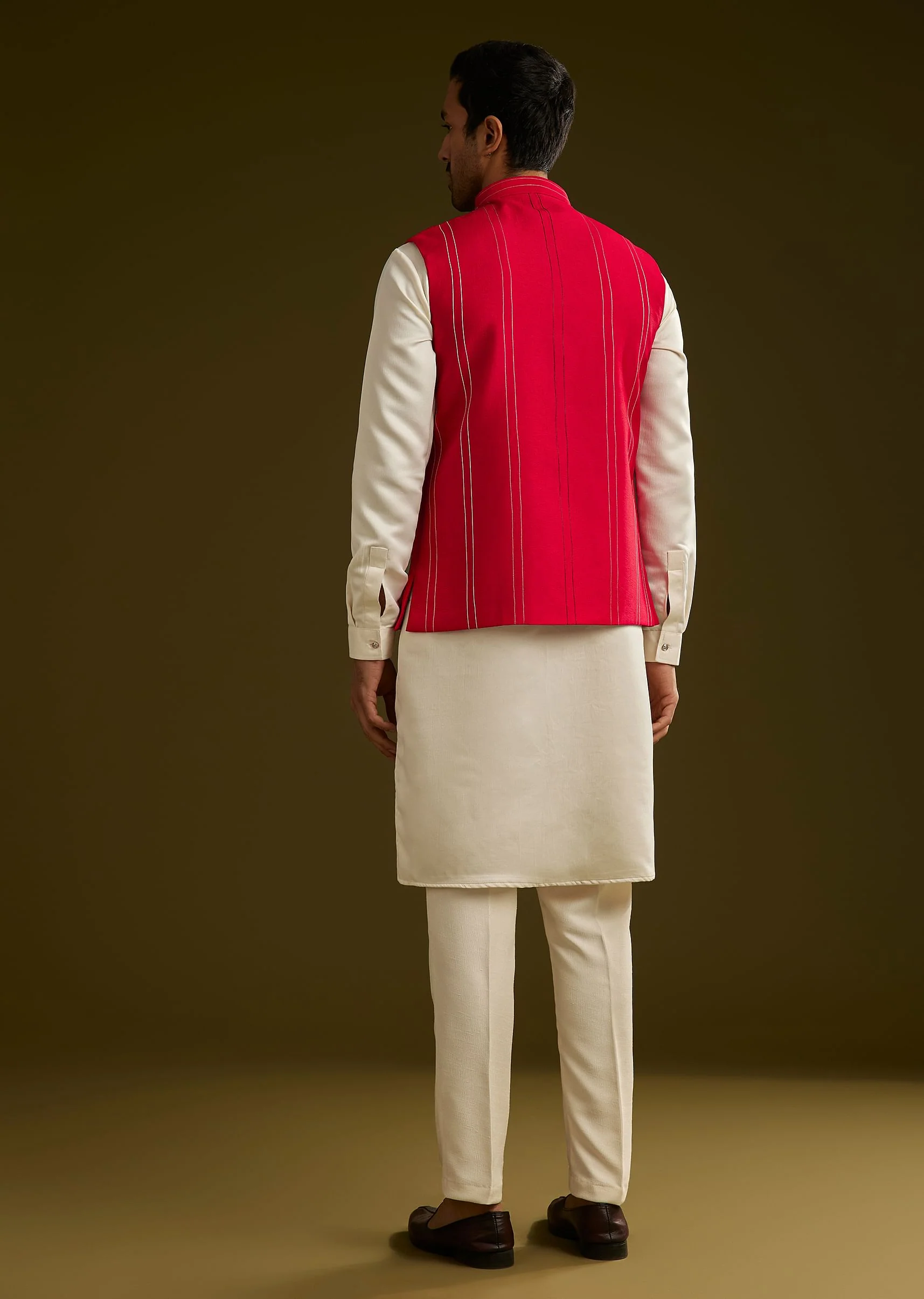 Red Cotton Silk Kurta Set With Nature Motif Jacket - Image 5