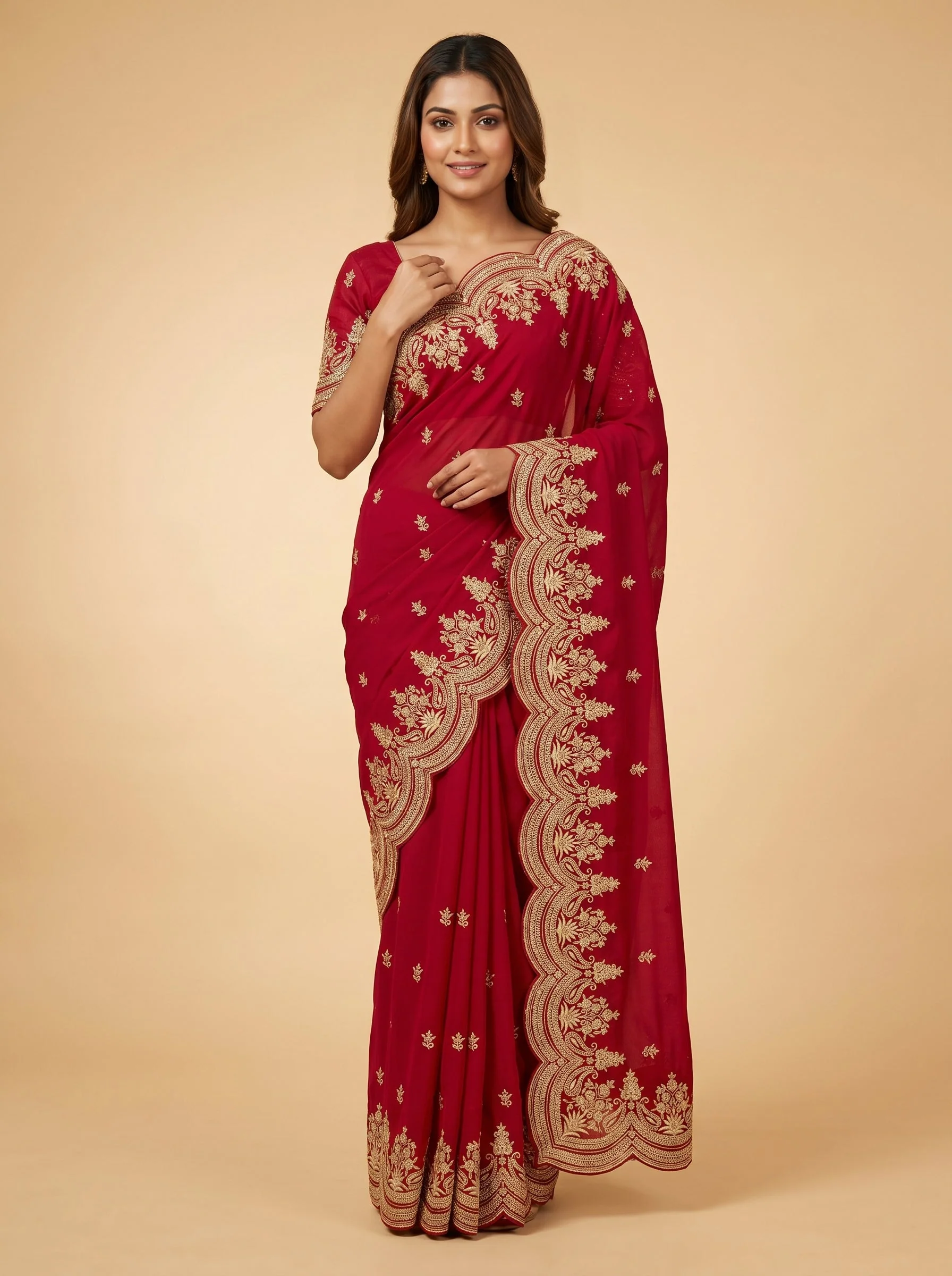 Red Crafted Embroidered Saree