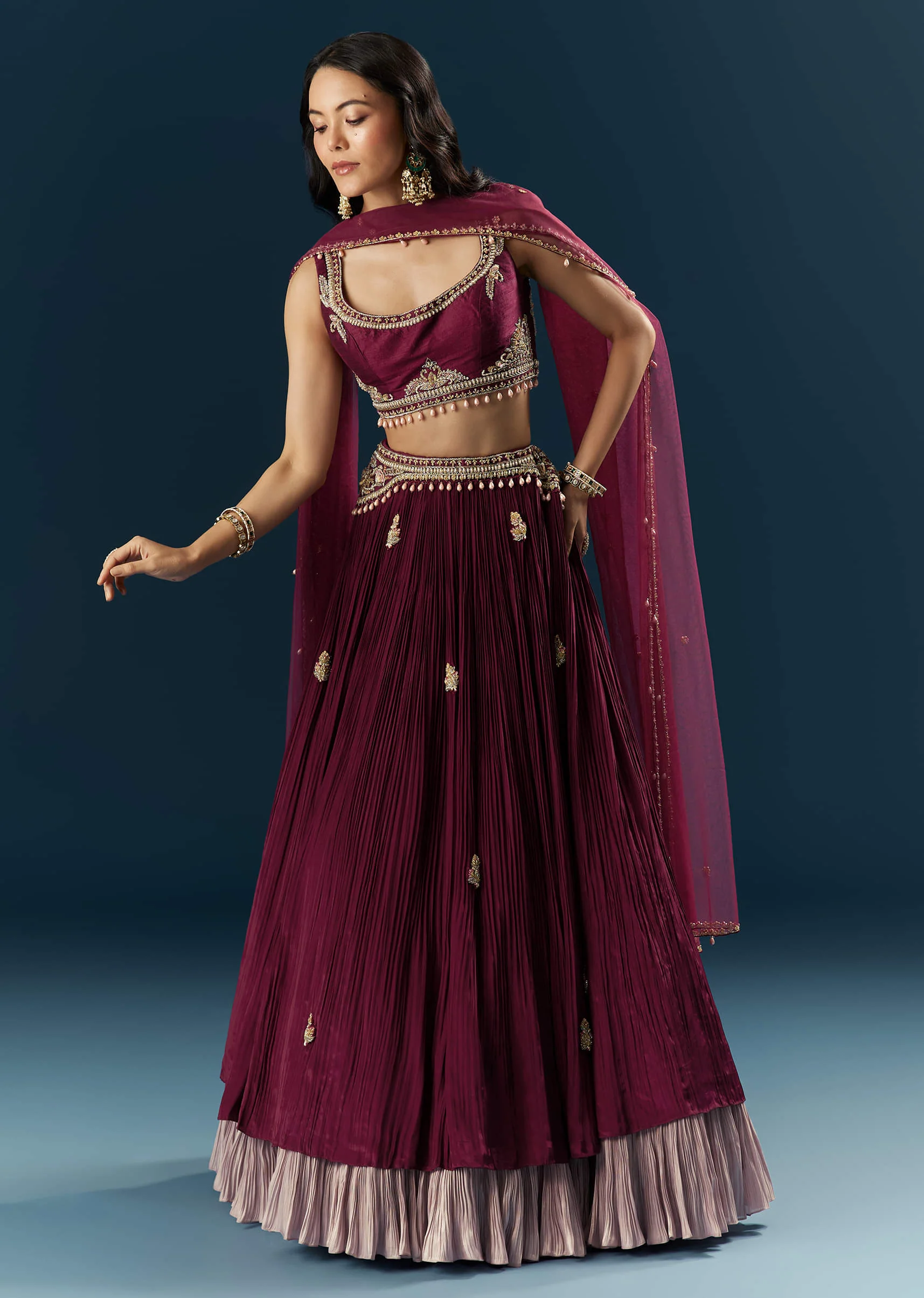 Red Crepe Bridesmaid Lehenga With Sequins And Moti Embroidery - Image 4