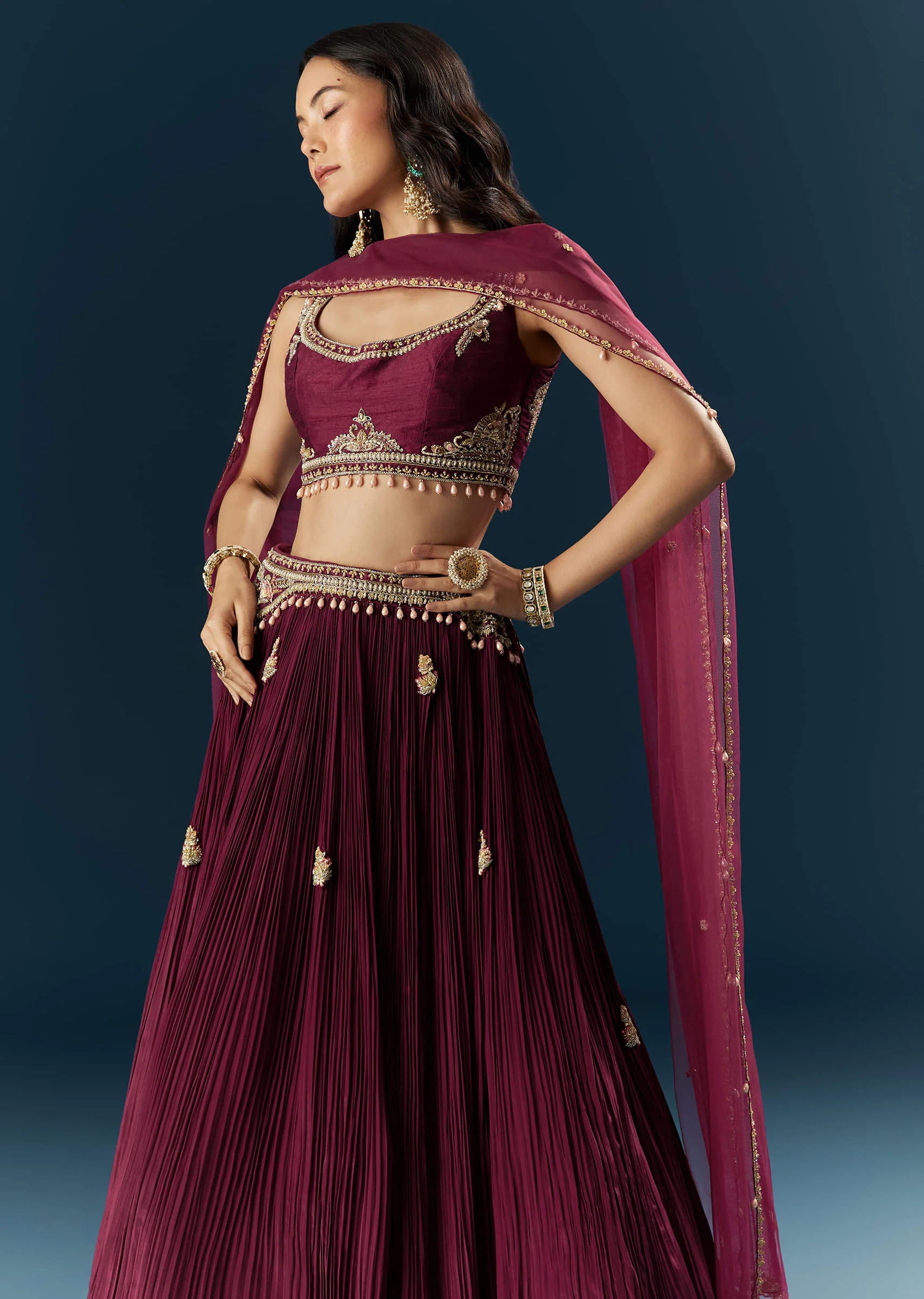 Red Crepe Bridesmaid Lehenga With Sequins And Moti Embroidery - Image 5