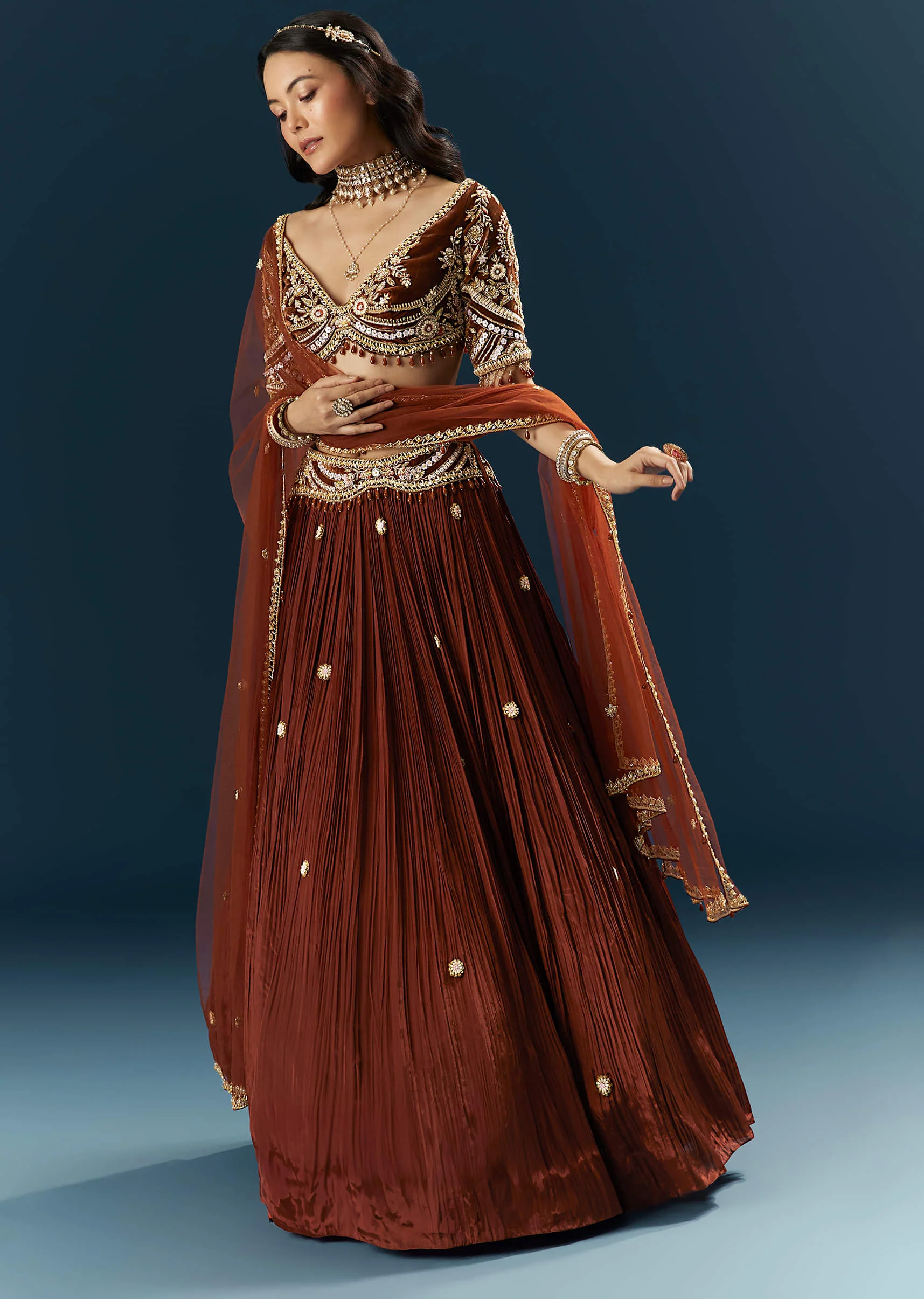 Red Crepe Bridesmaid Lehenga With Sequins And Stone Embroidery - Image 4