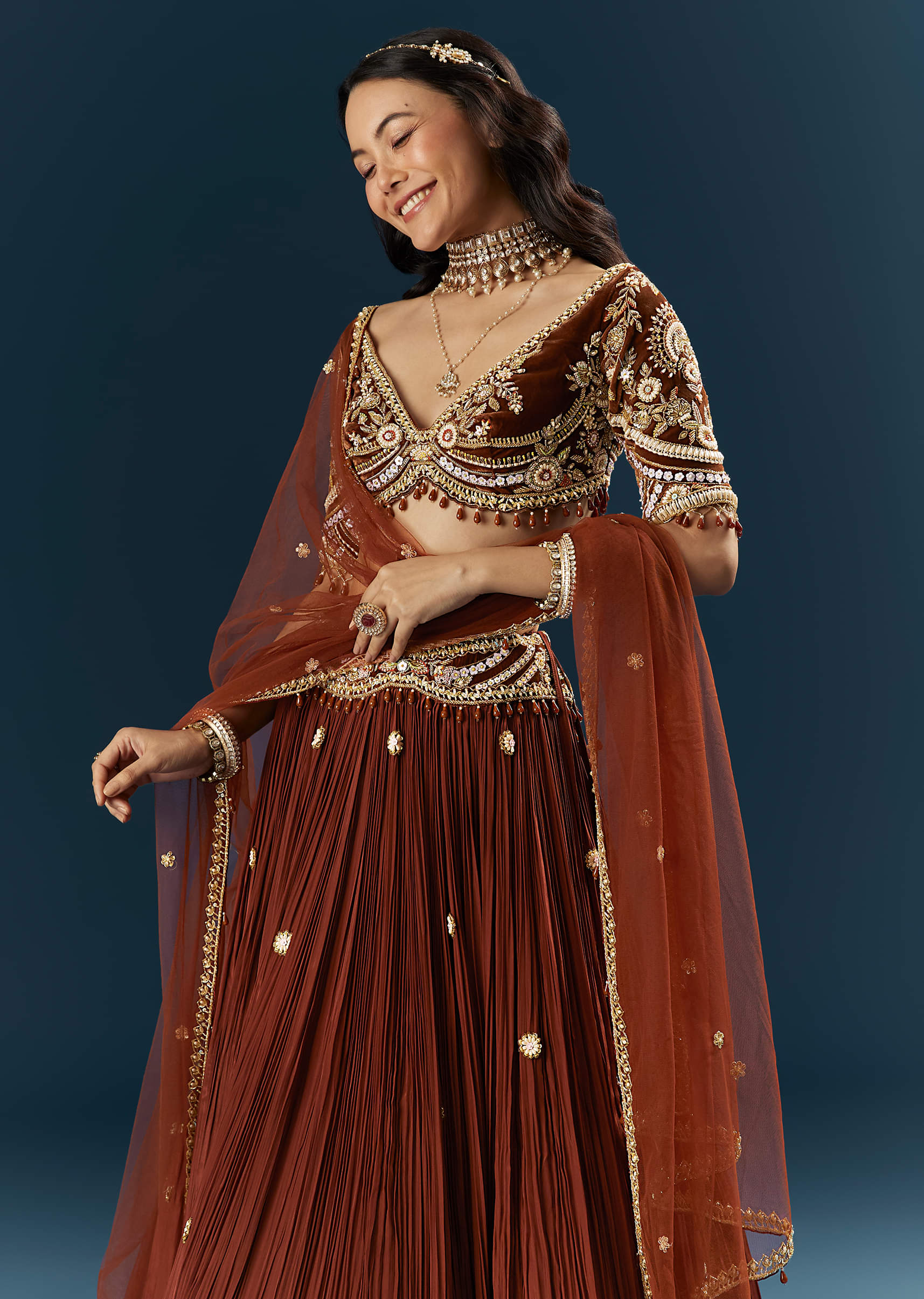 Red Crepe Bridesmaid Lehenga With Sequins And Stone Embroidery - Image 5