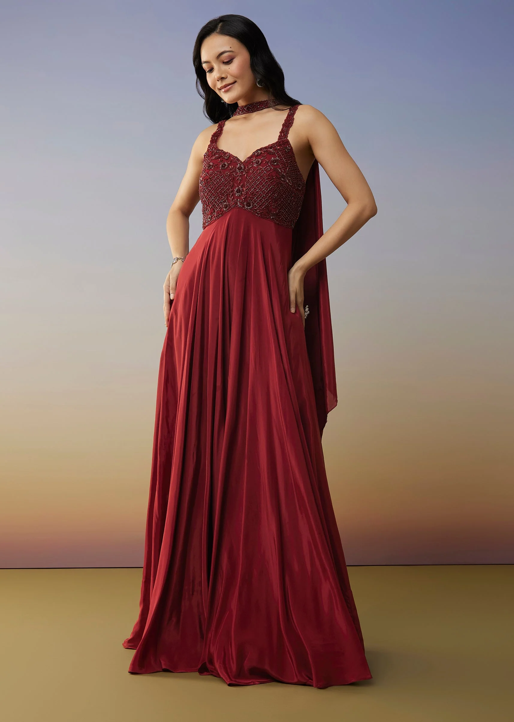 Red Crepe Jumpsuit with Cut Dana Work - Image 3