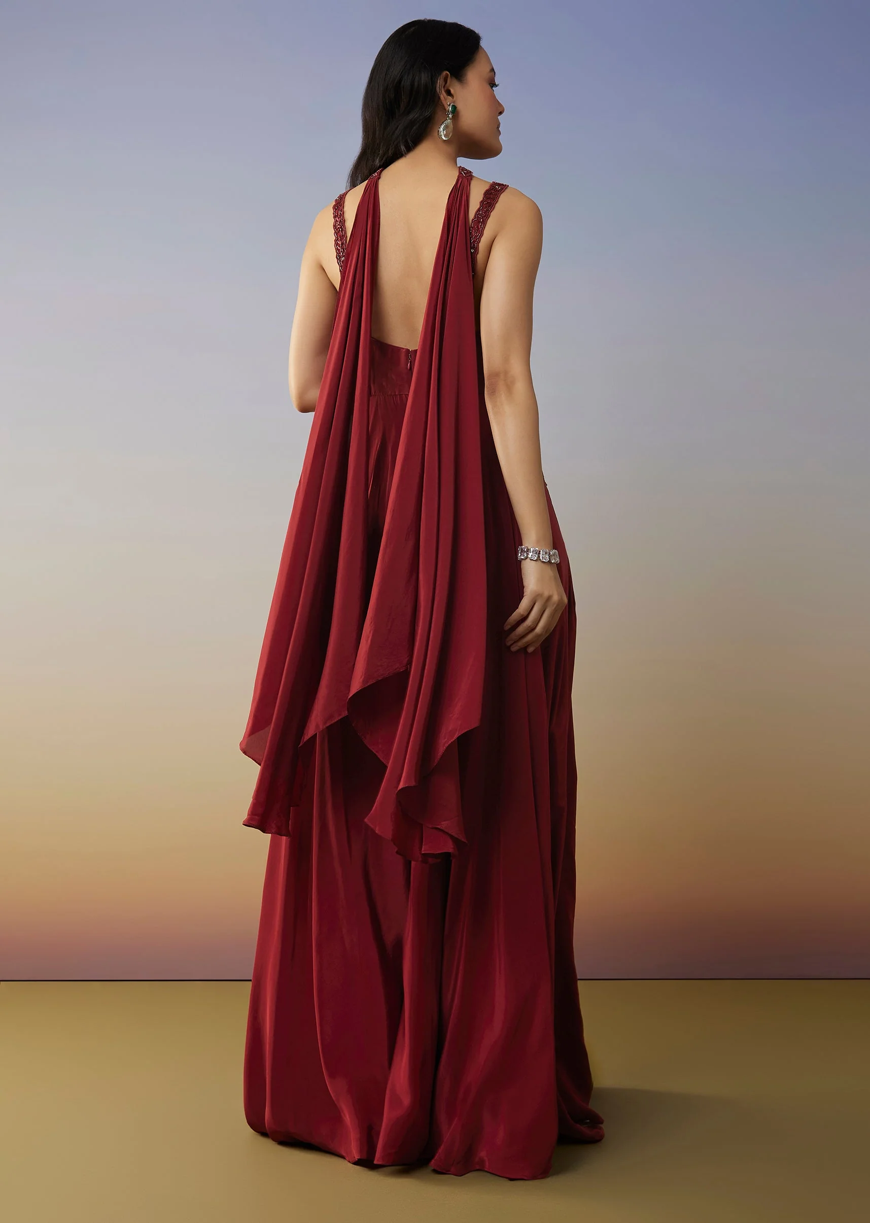Red Crepe Jumpsuit with Cut Dana Work - Image 5