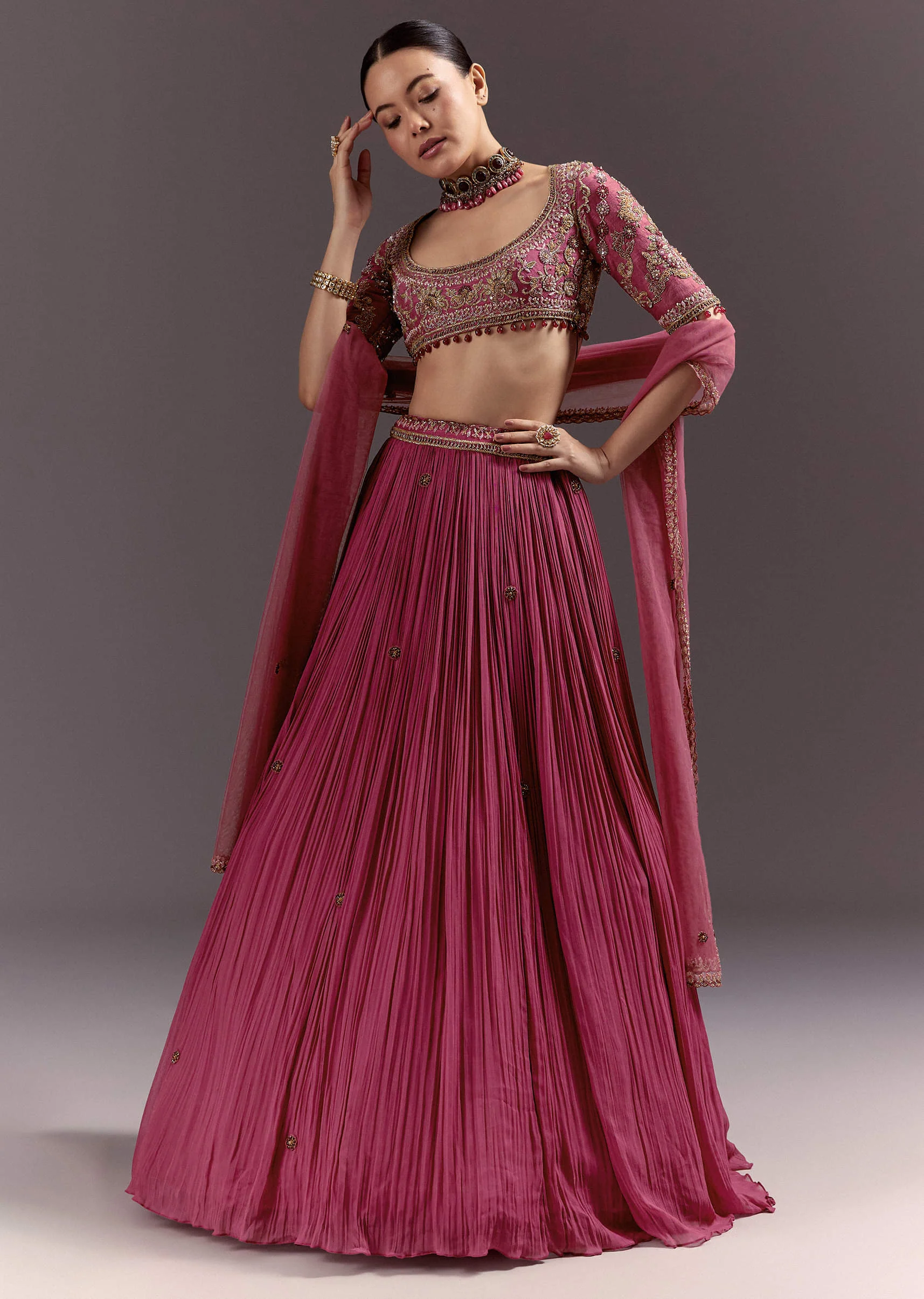Red Crepe Lehenga Set With Hand Embroidery And Beads - Image 4