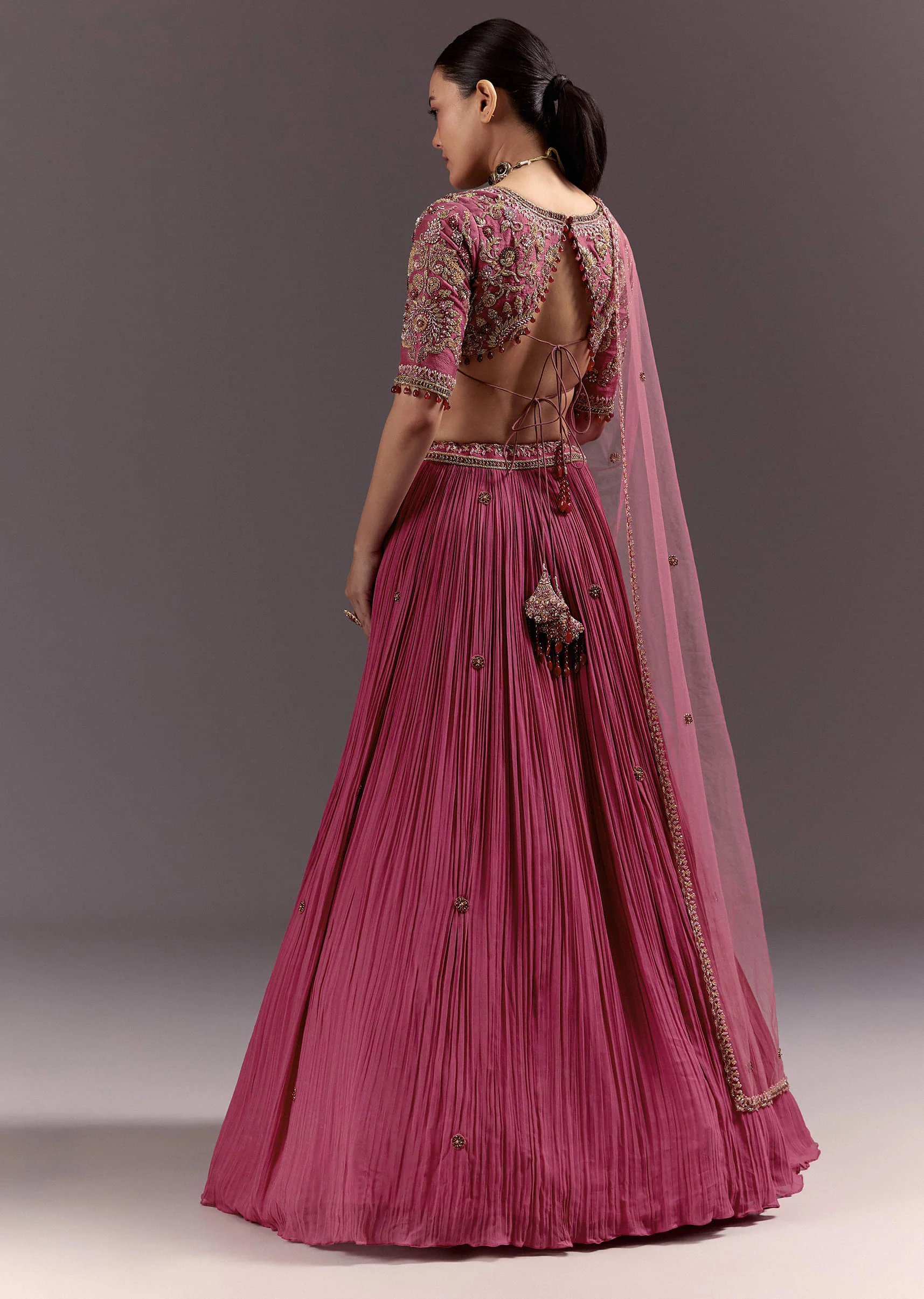 Red Crepe Lehenga Set With Hand Embroidery And Beads - Image 5