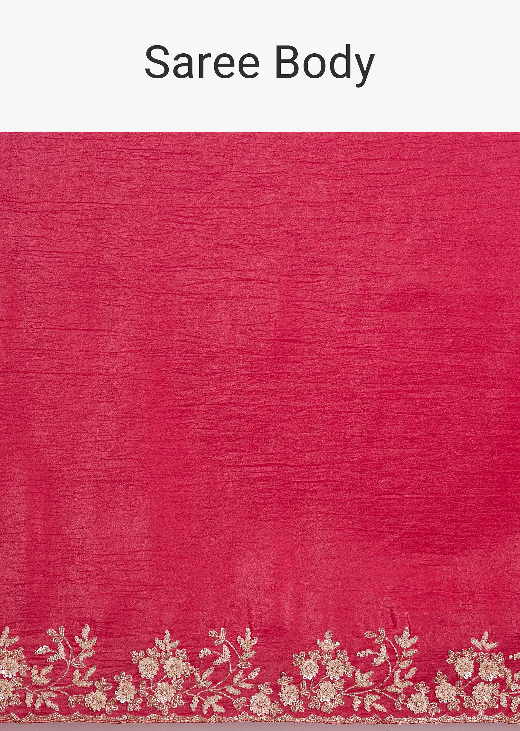Red Crushed Tissue Saree With Floral Embroidery And Scallop Border - Image 9