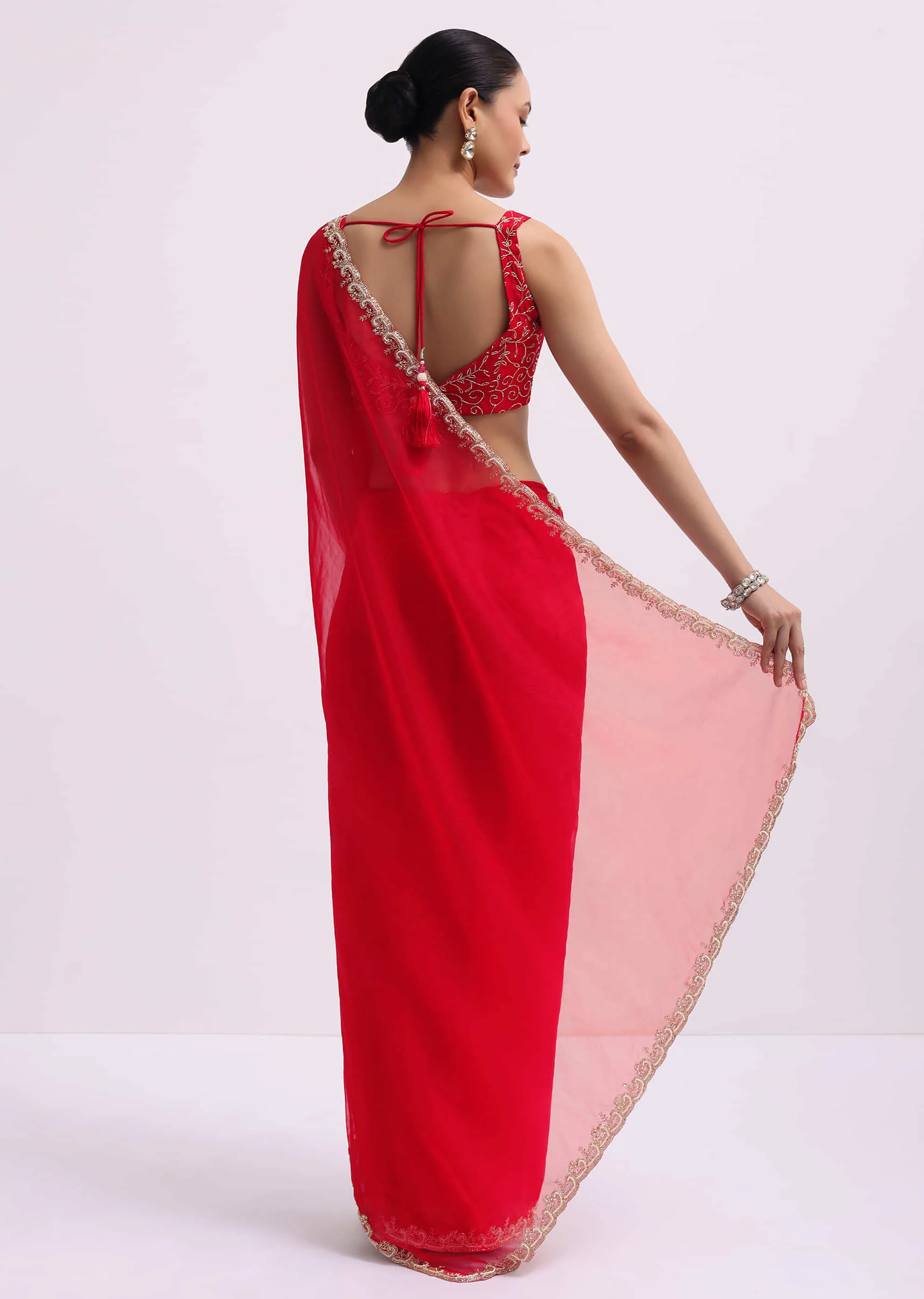 Red Cut Work Organza Saree With Unstitched Blouse - Image 6