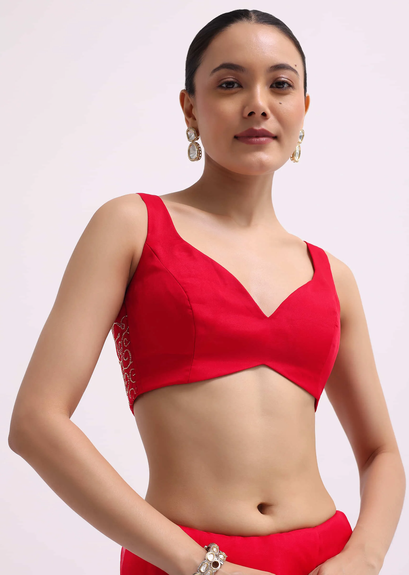 Red Cut Work Organza Saree With Unstitched Blouse - Image 7