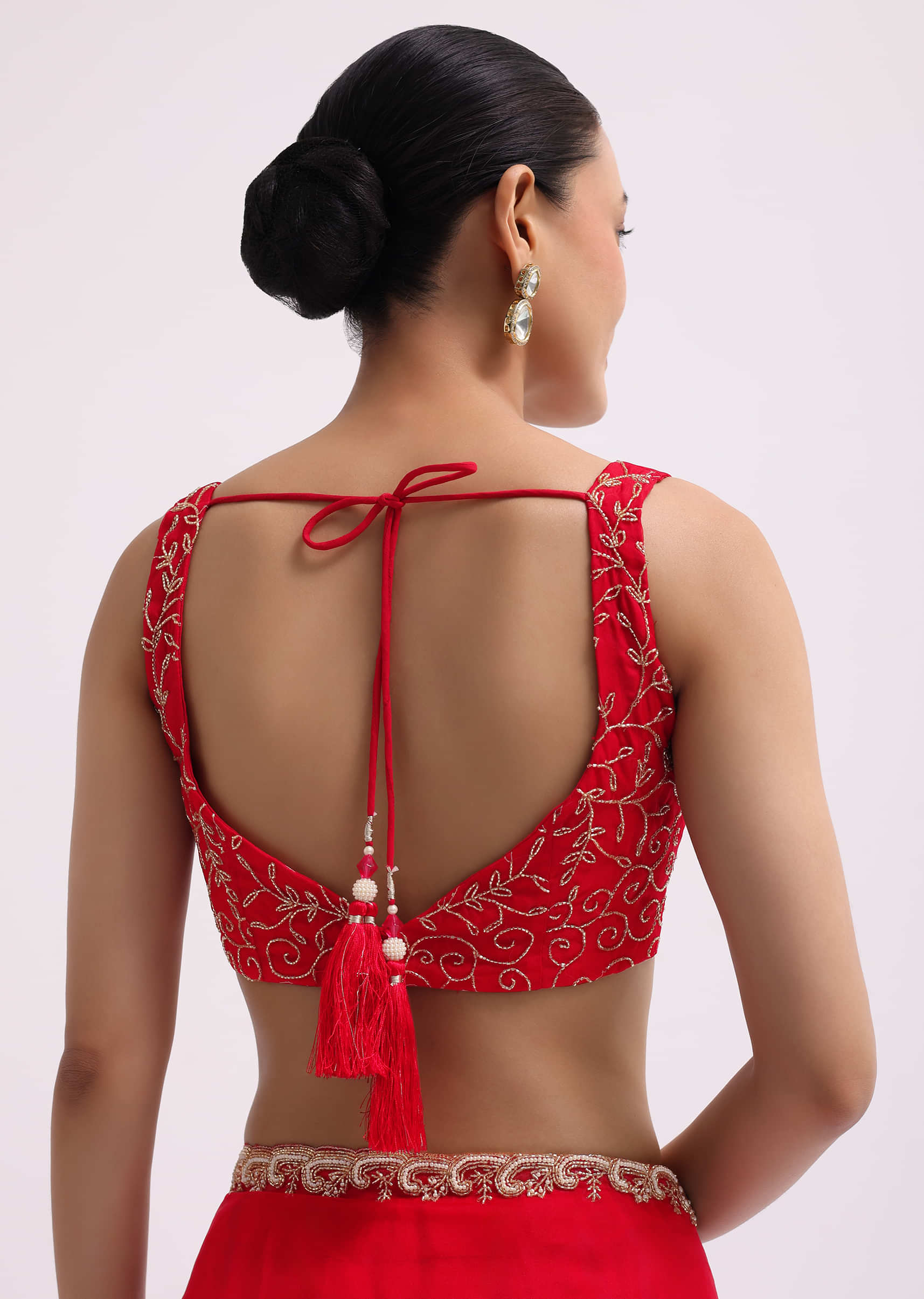 Red Cut Work Organza Saree With Unstitched Blouse - Image 8