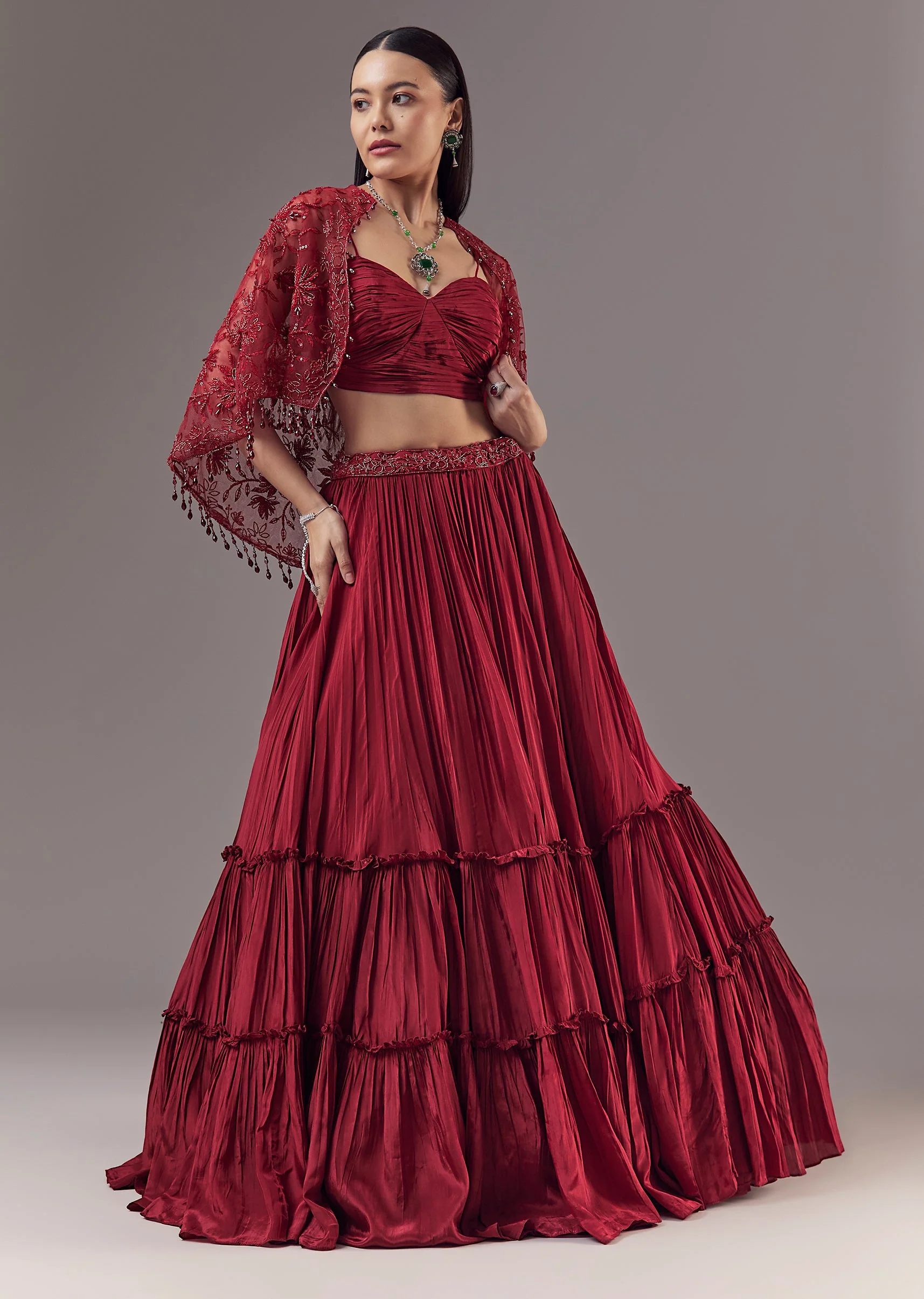 Red Cutdana Embellished Cape and Lehenga Set