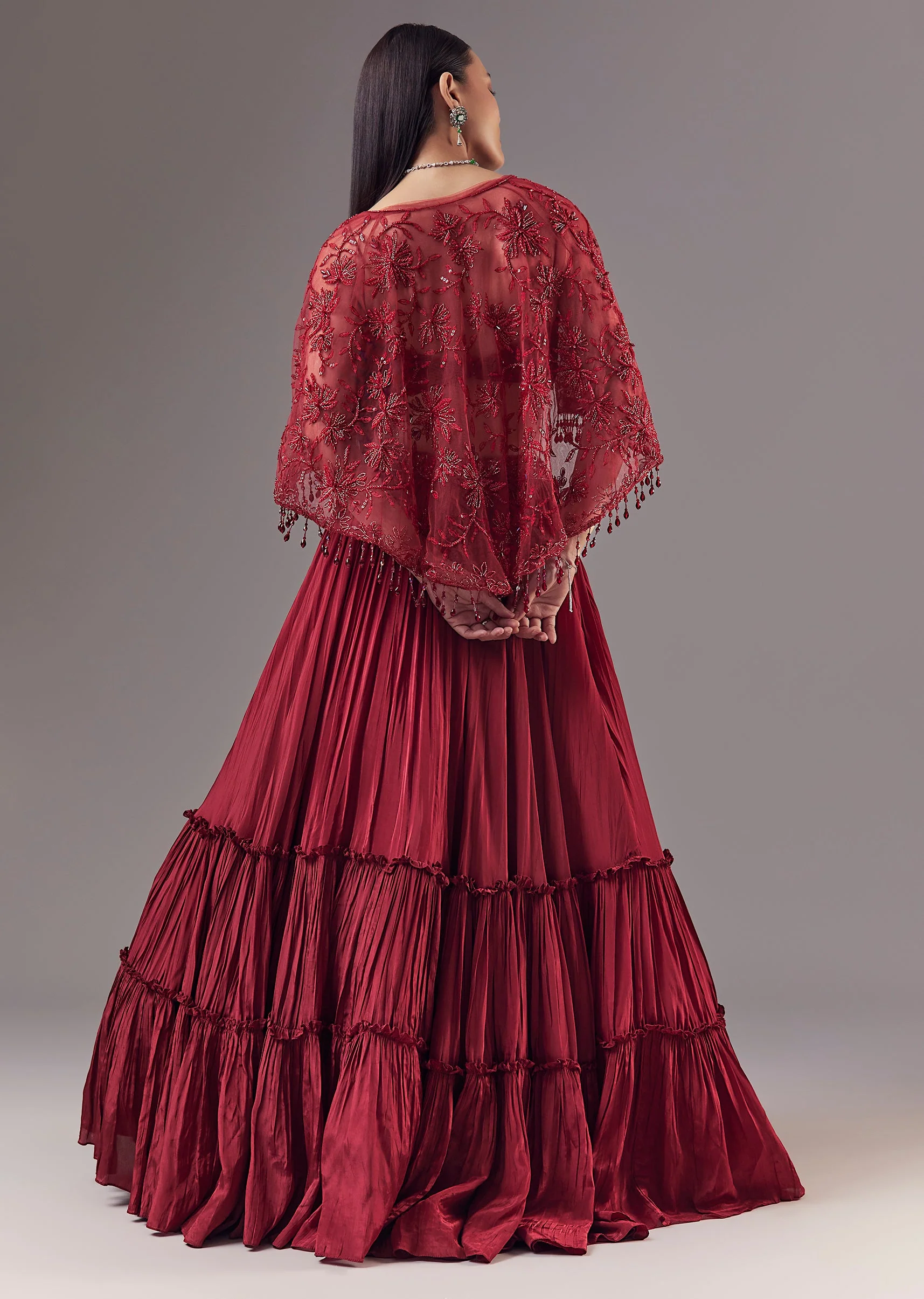 Red Cutdana Embellished Cape and Lehenga Set - Image 2