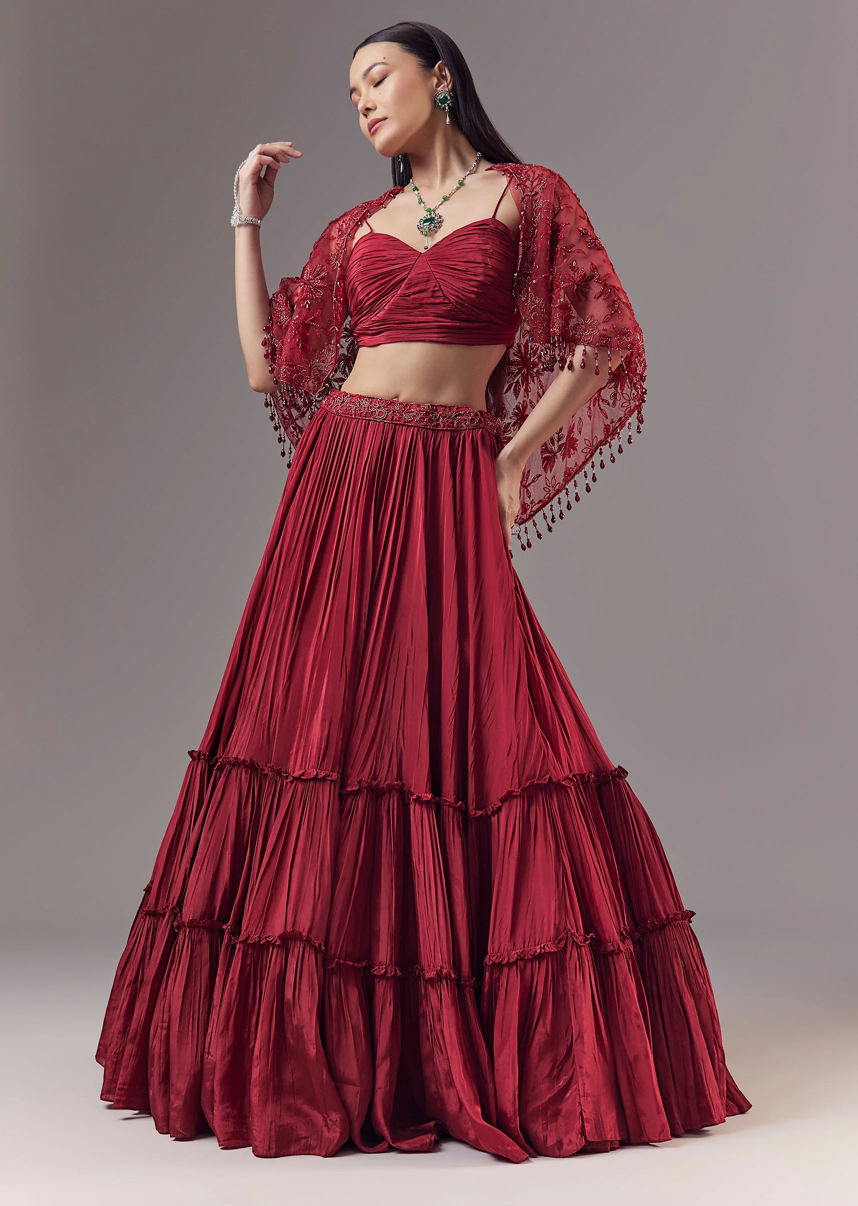 Red Cutdana Embellished Cape and Lehenga Set - Image 4