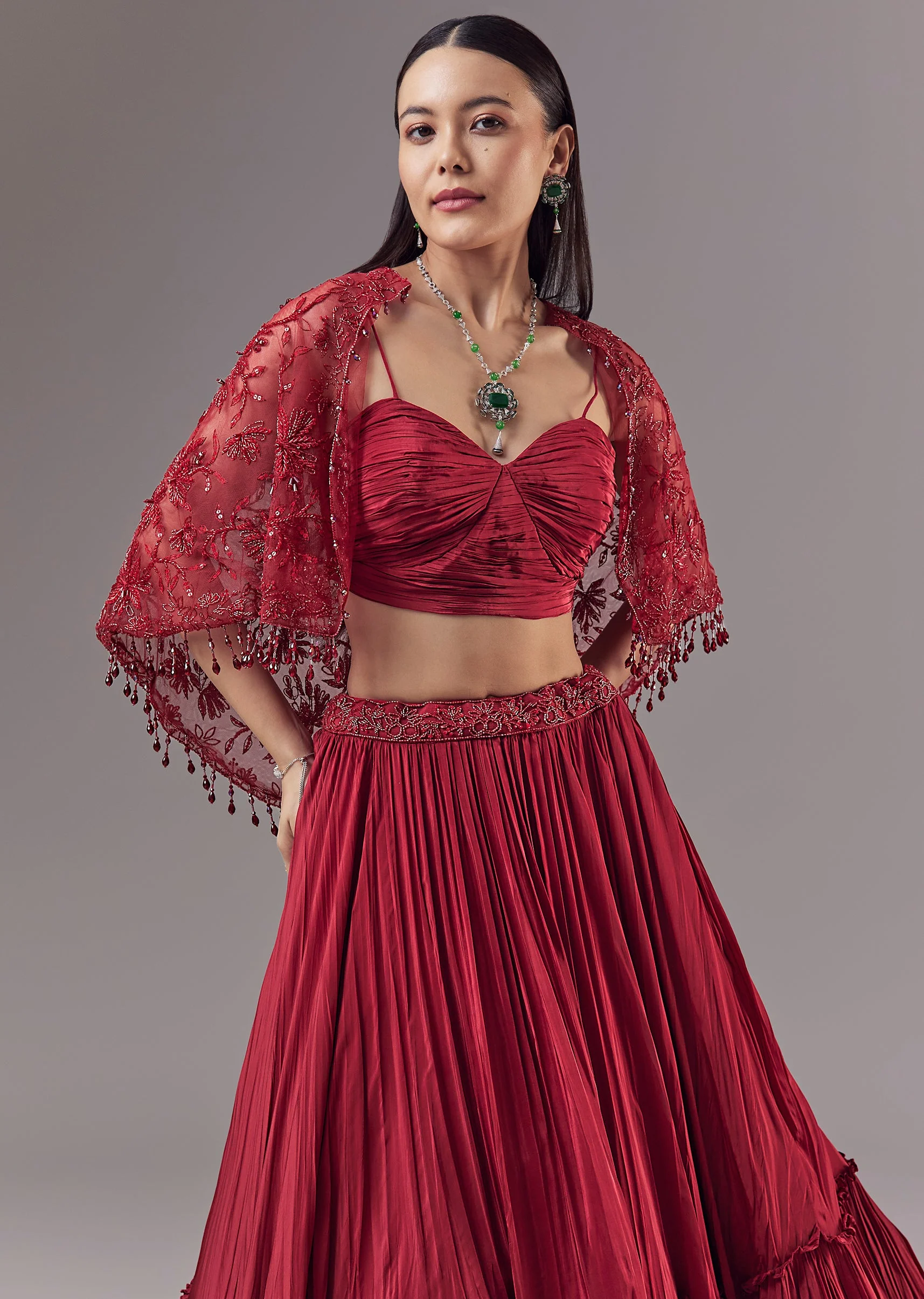 Red Cutdana Embellished Cape and Lehenga Set - Image 5