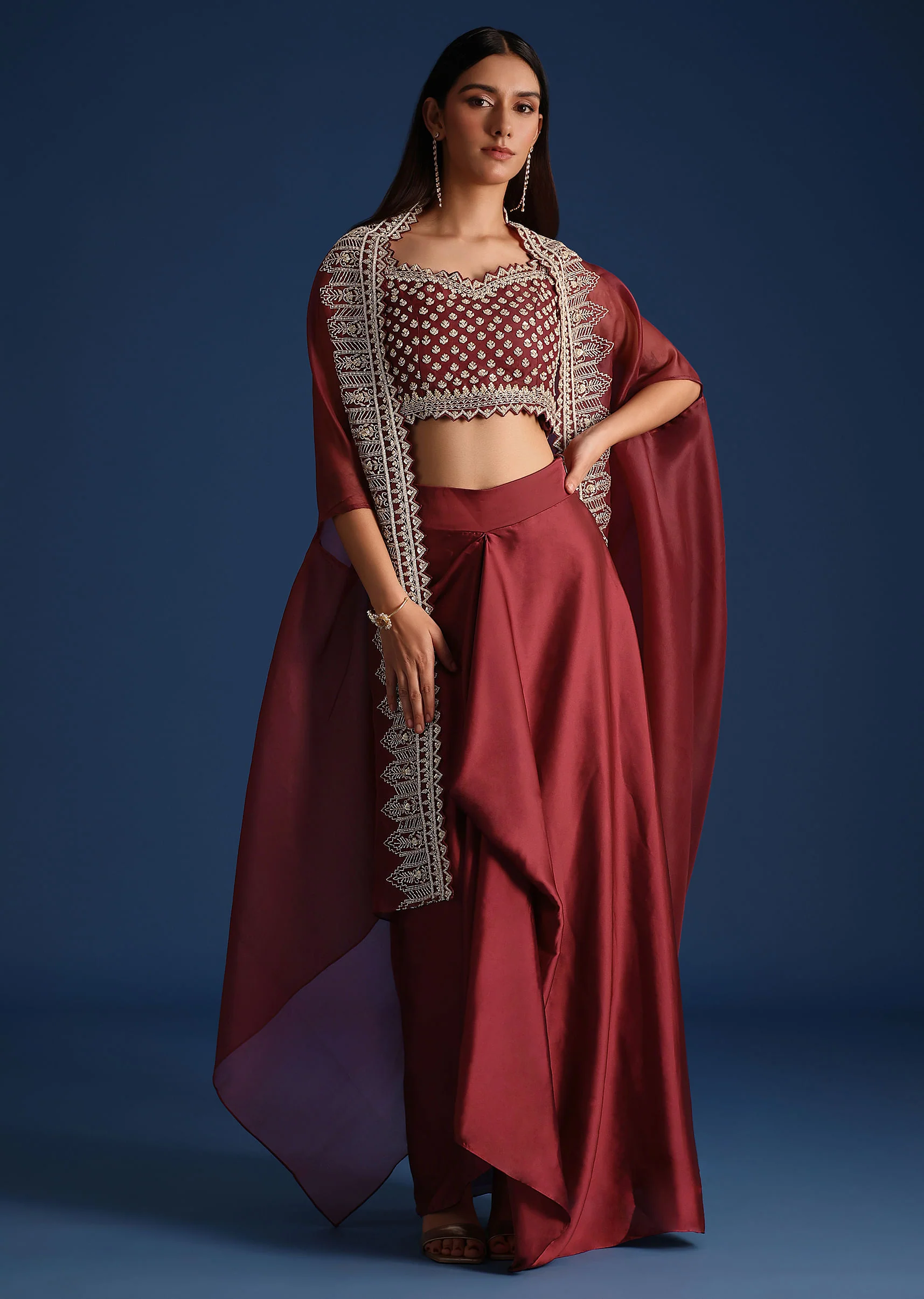 Red Cutdana Work Jacket With Draped Skirt And Crop Top