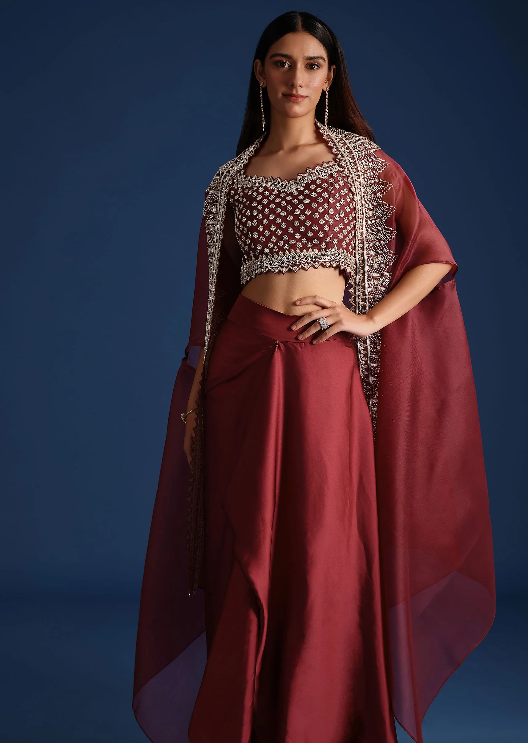 Red Cutdana Work Jacket With Draped Skirt And Crop Top - Image 2