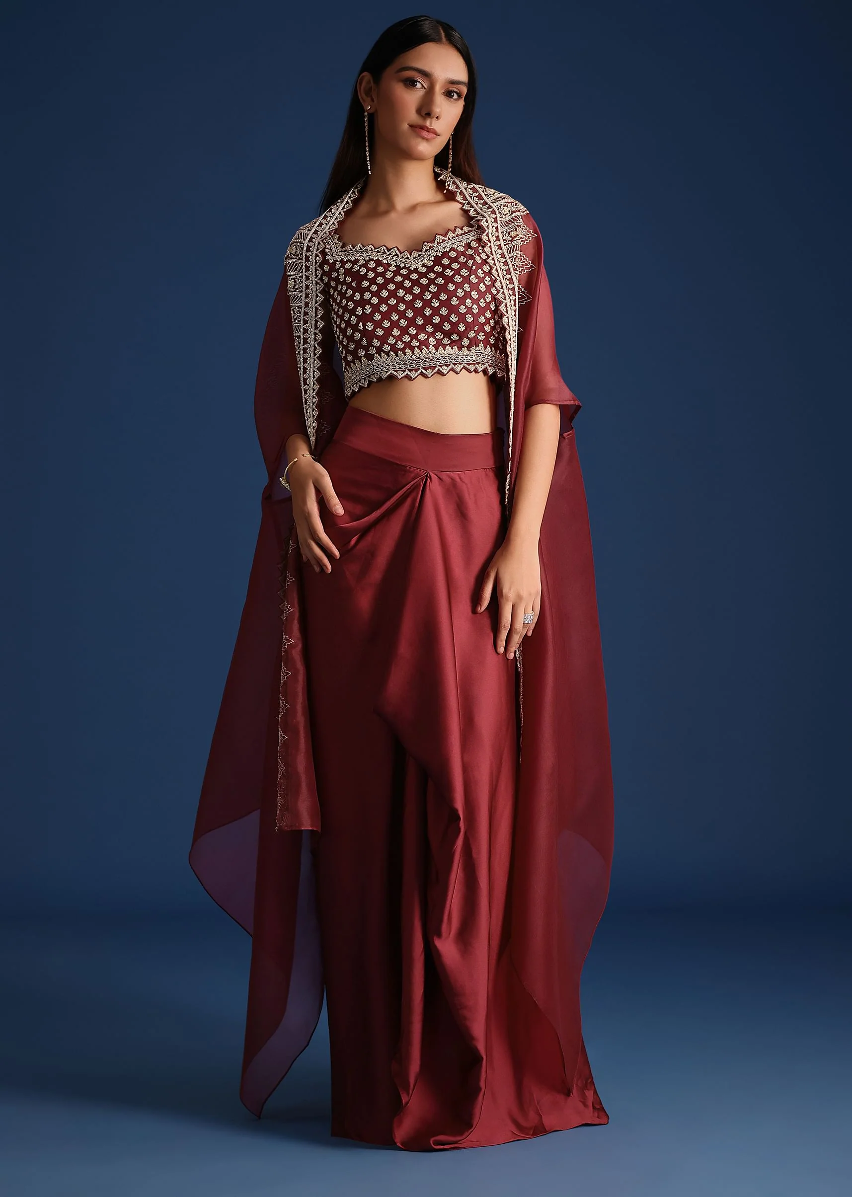 Red Cutdana Work Jacket With Draped Skirt And Crop Top - Image 3
