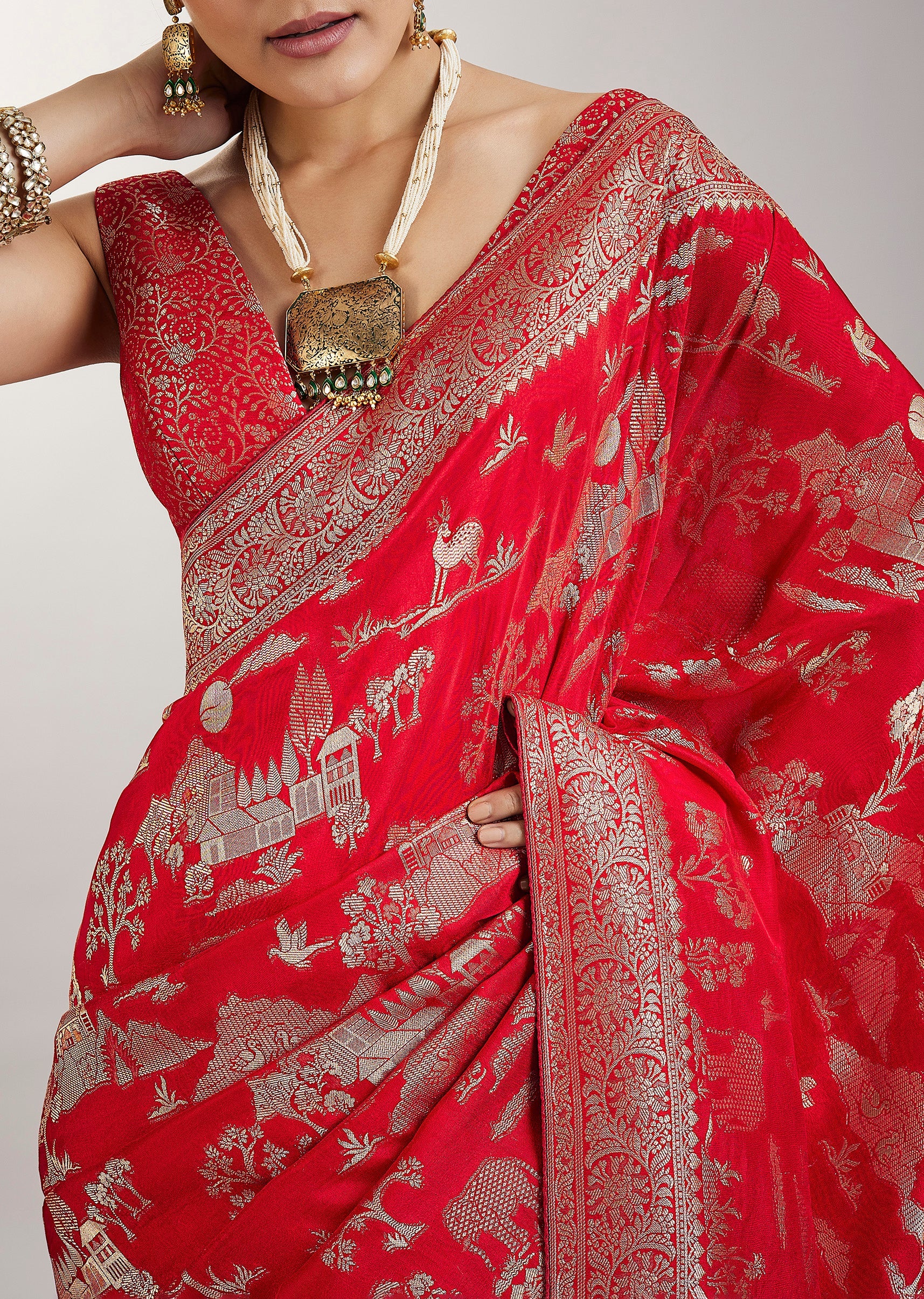 Red Dola Silk Jungla Weave Saree - Image 2