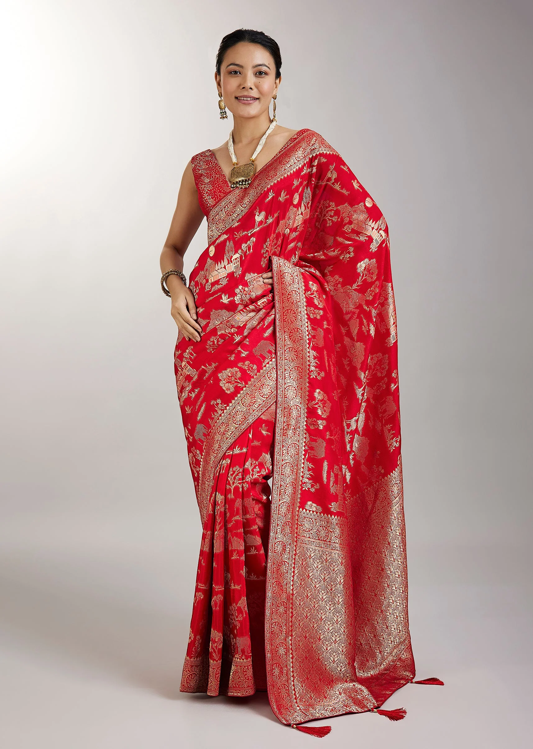 Red Dola Silk Jungla Weave Saree - Image 3