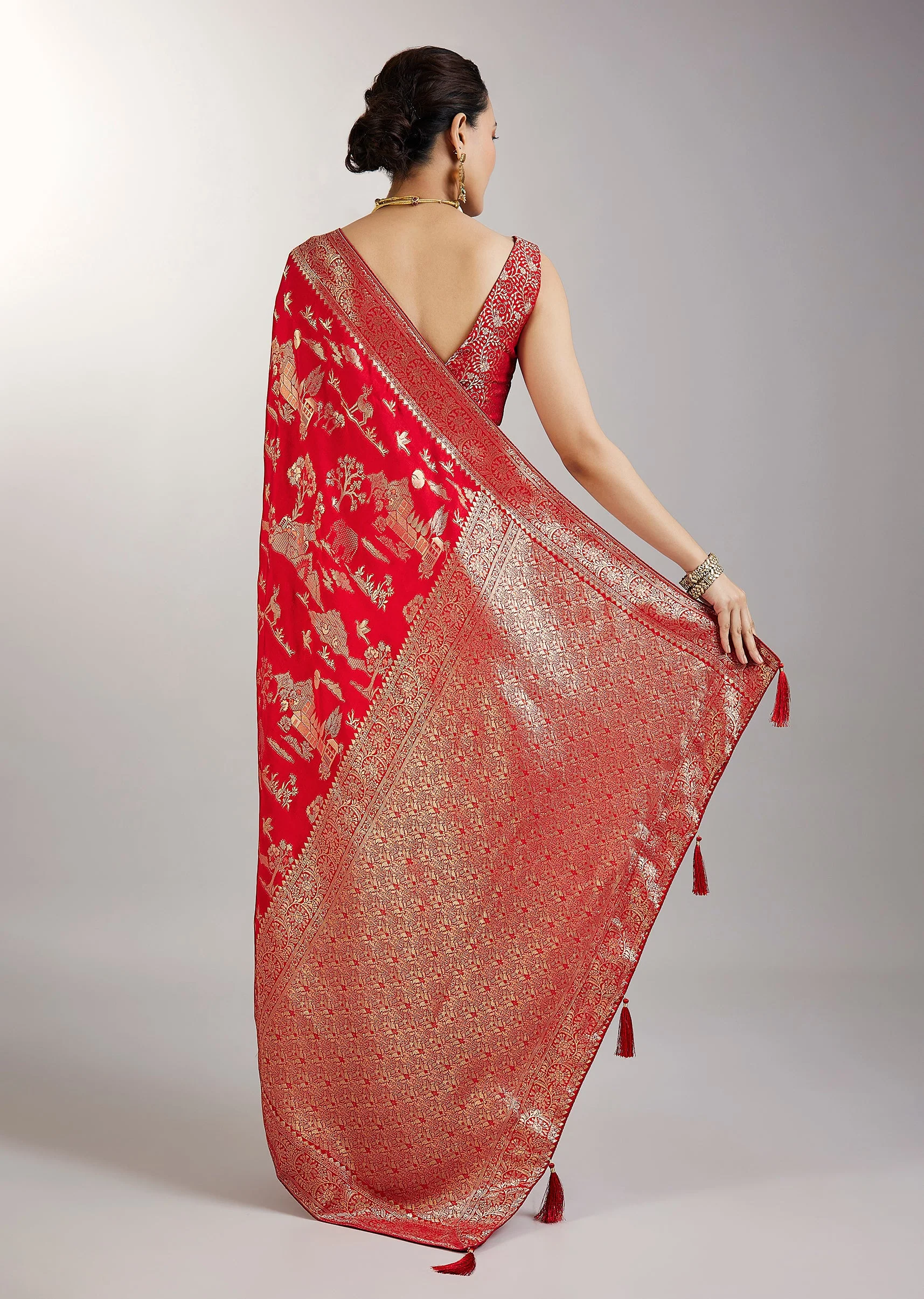 Red Dola Silk Jungla Weave Saree - Image 4