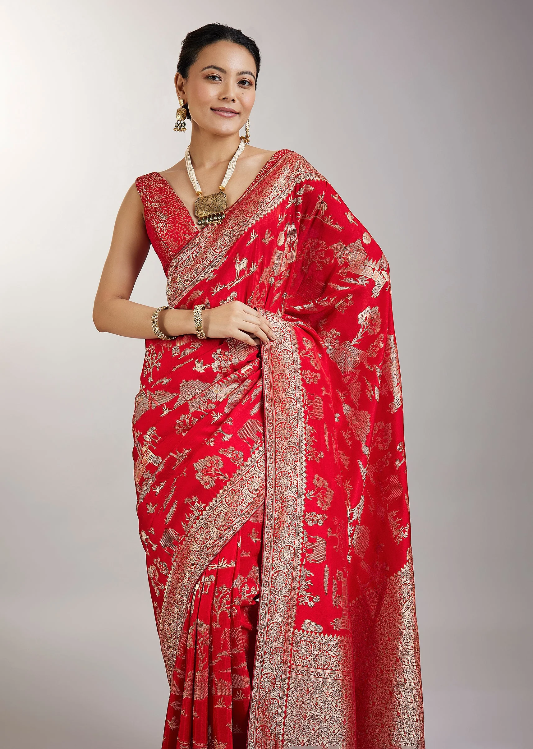 Red Dola Silk Jungla Weave Saree - Image 5